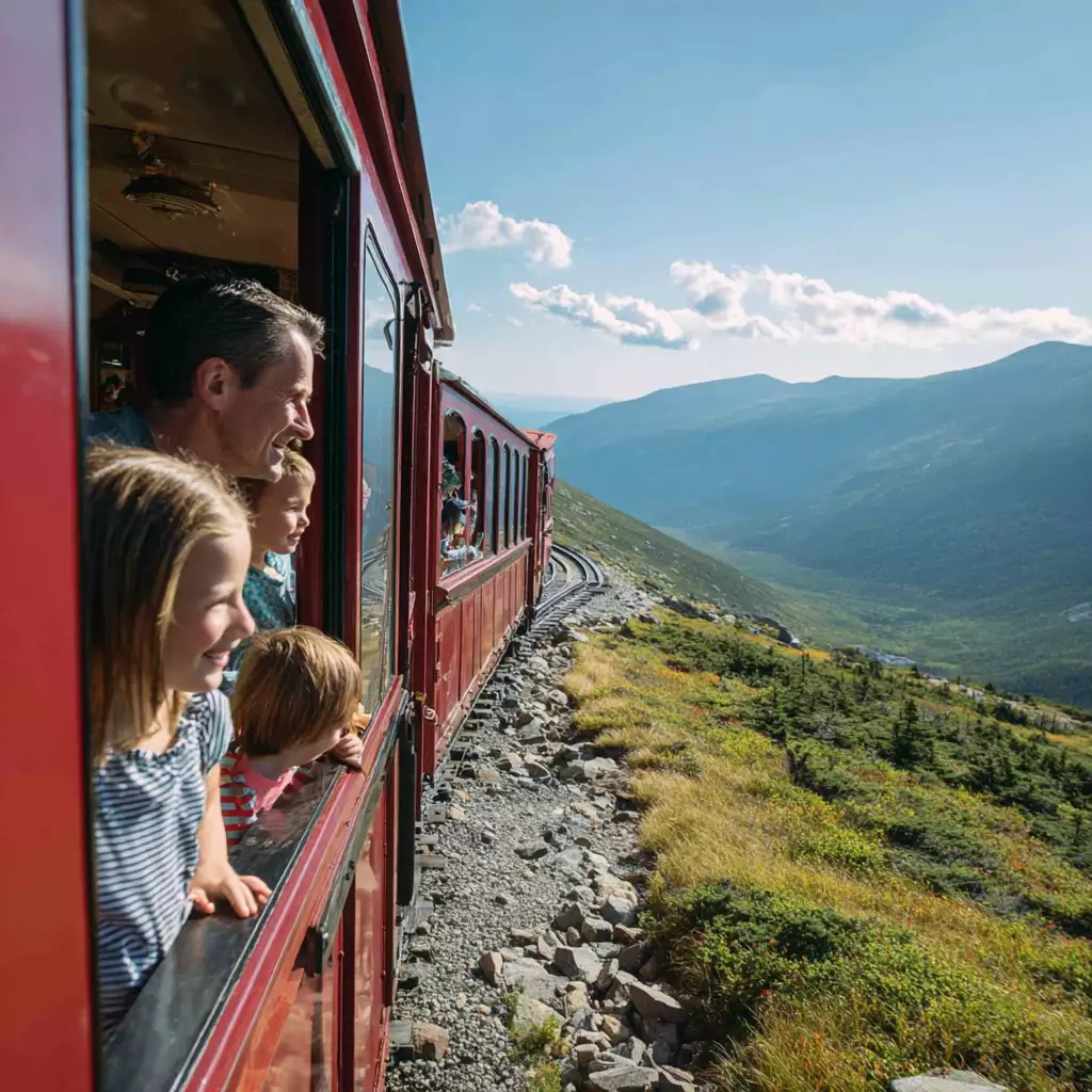 Cog Railway train climbing Mount Washington in summer with families on board