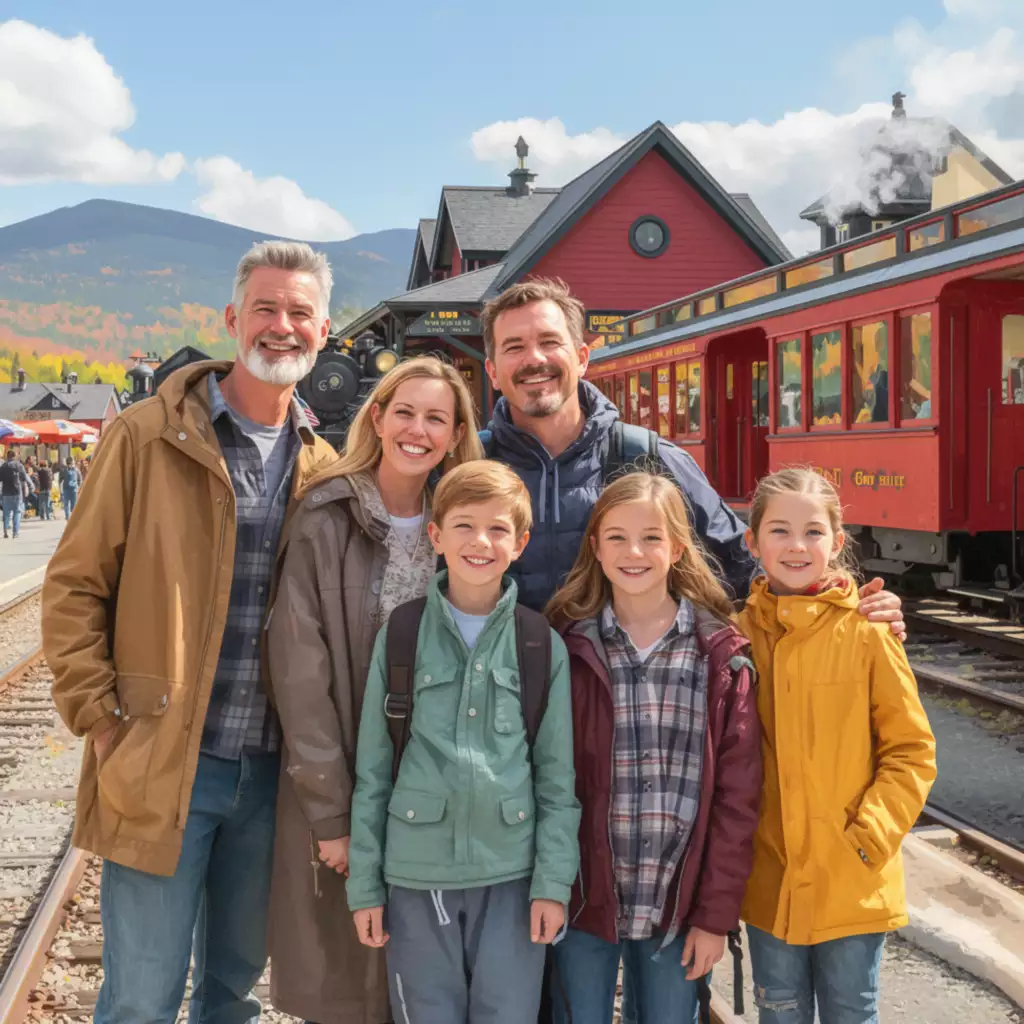  Smiling multi-generational family standing by the Mount Washington Cog Railway station in New Hampshire