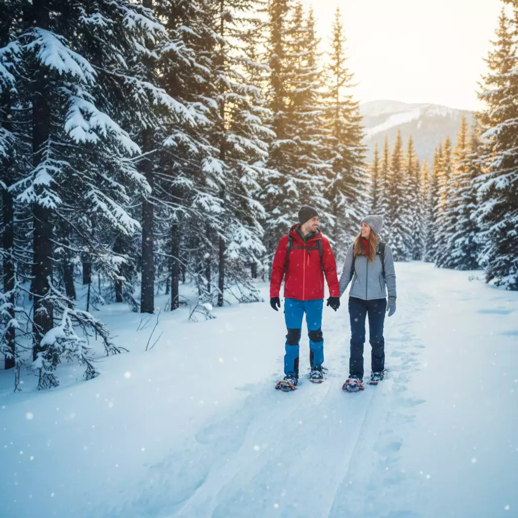 Couple snowshoeing hand in hand along a snowy forest trail in Bretton Woods, with tall pine trees covered in fresh snow and soft sunlight in the background