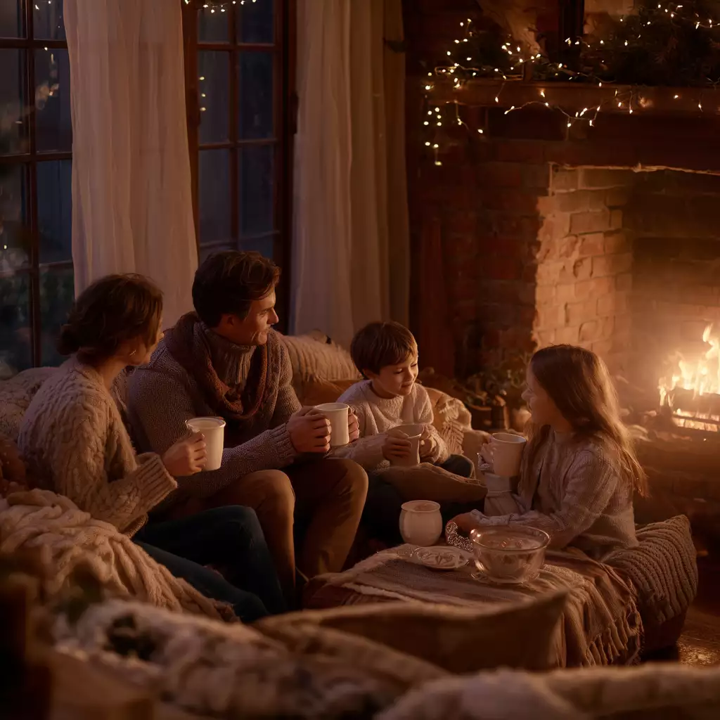 Family enjoys cocoa at sunset in Bretton Woods during Thanksgiving week.