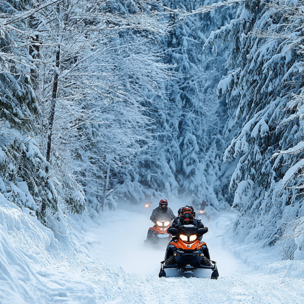 Snowmobiling through scenic forest trails in the White Mountains near Bretton Woods.