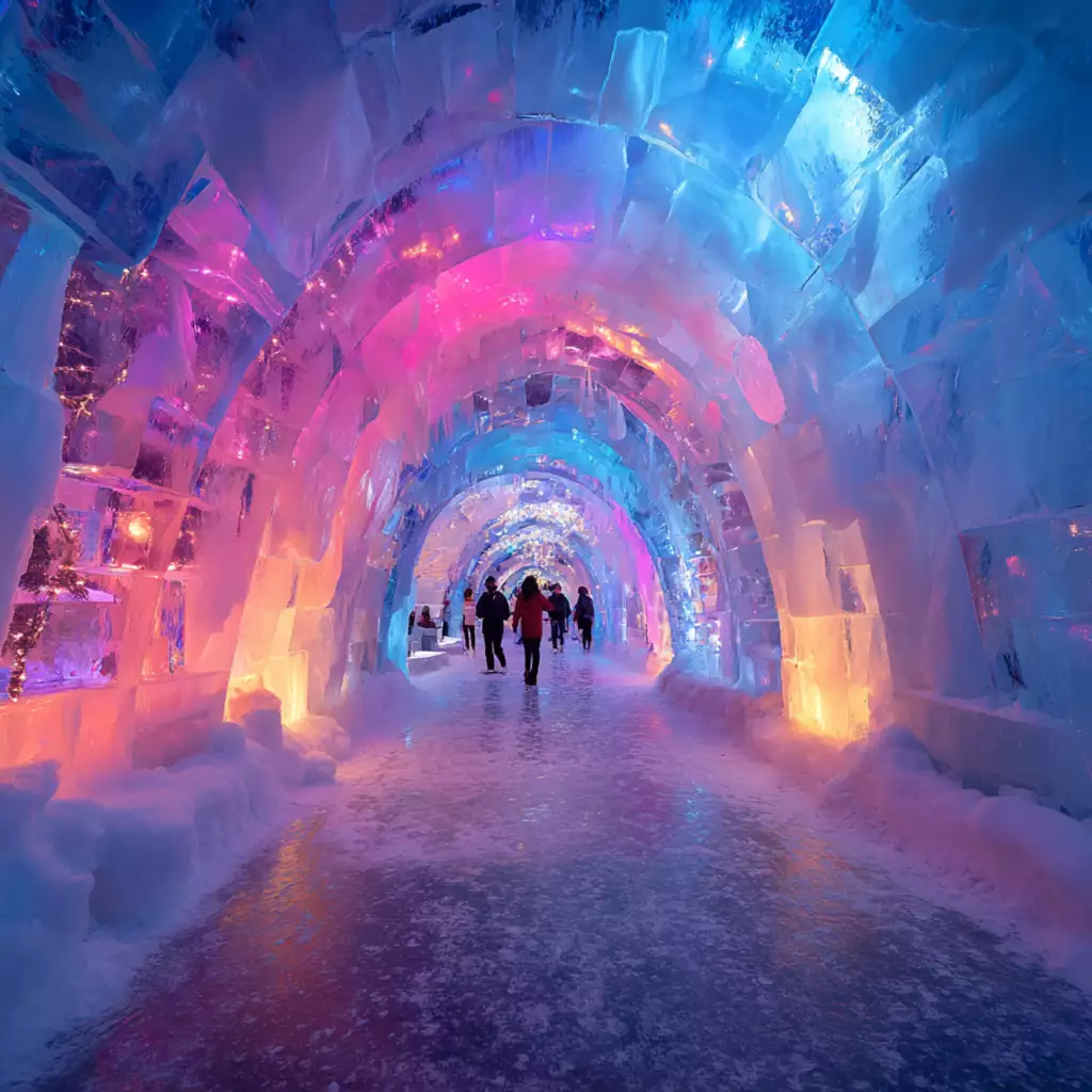 Children exploring colorful illuminated ice tunnels in North Woodstock, NH.