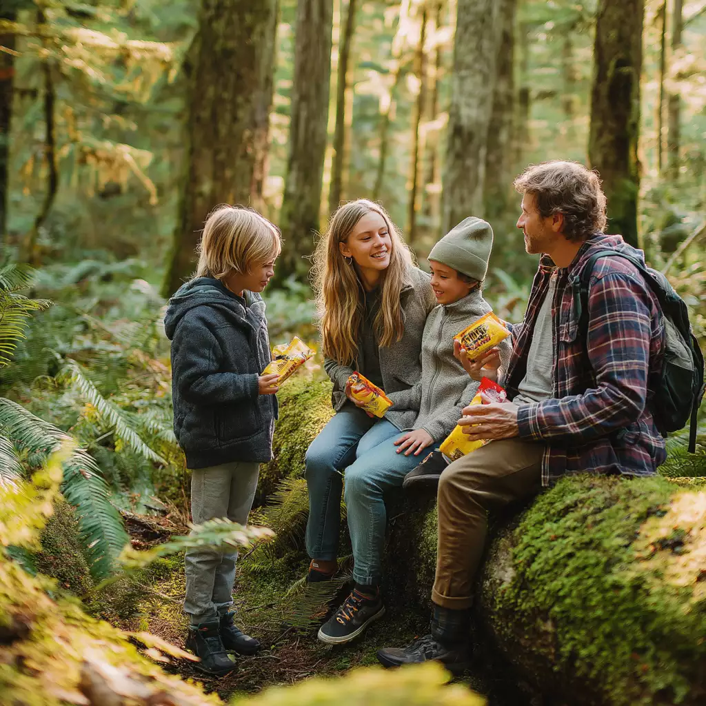 Family strolls through early-winter forest trail in Bretton Woods.