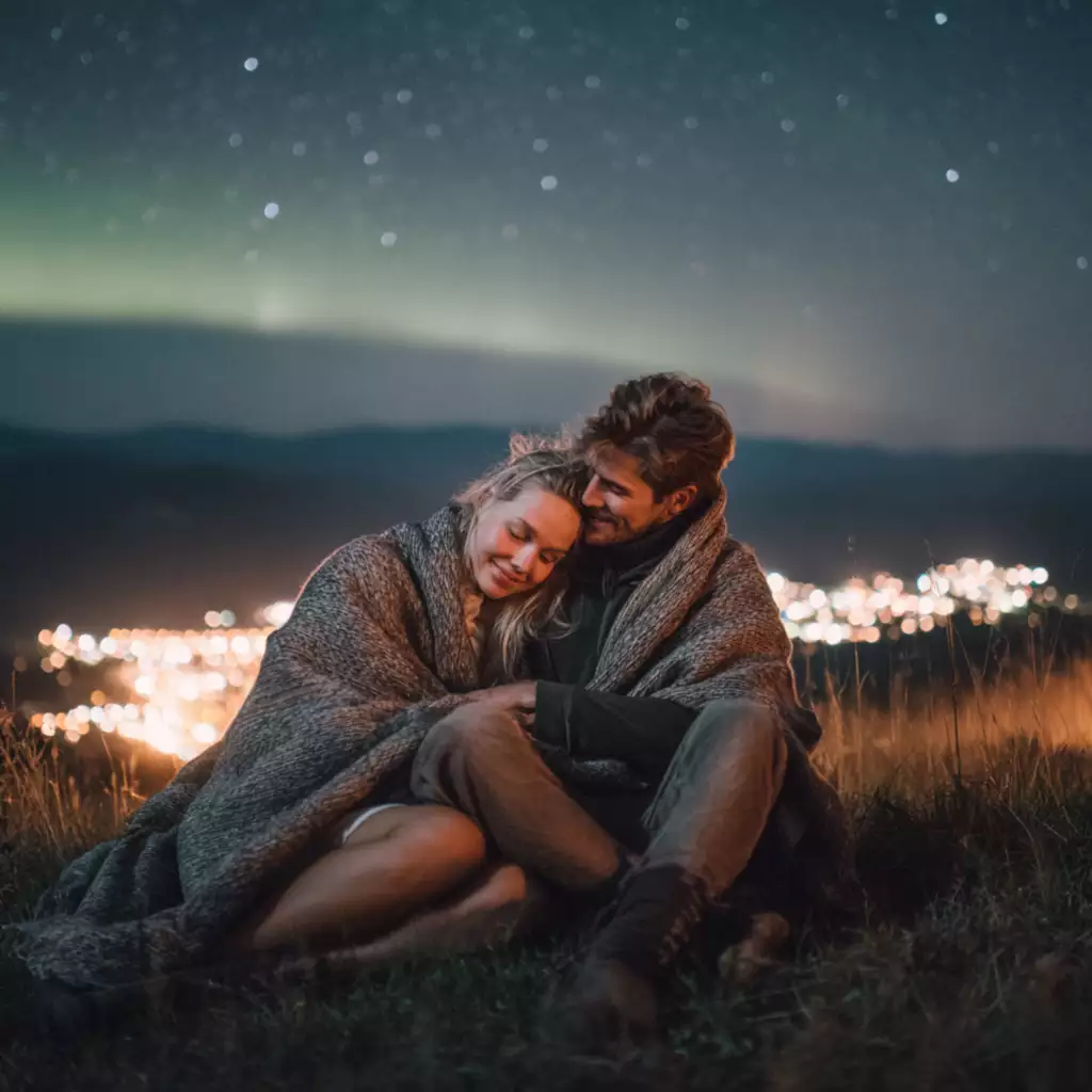 Couple wrapped in a blanket enjoying a romantic evening under the stars overlooking the glowing lights of Bretton Woods in the White Mountains. 