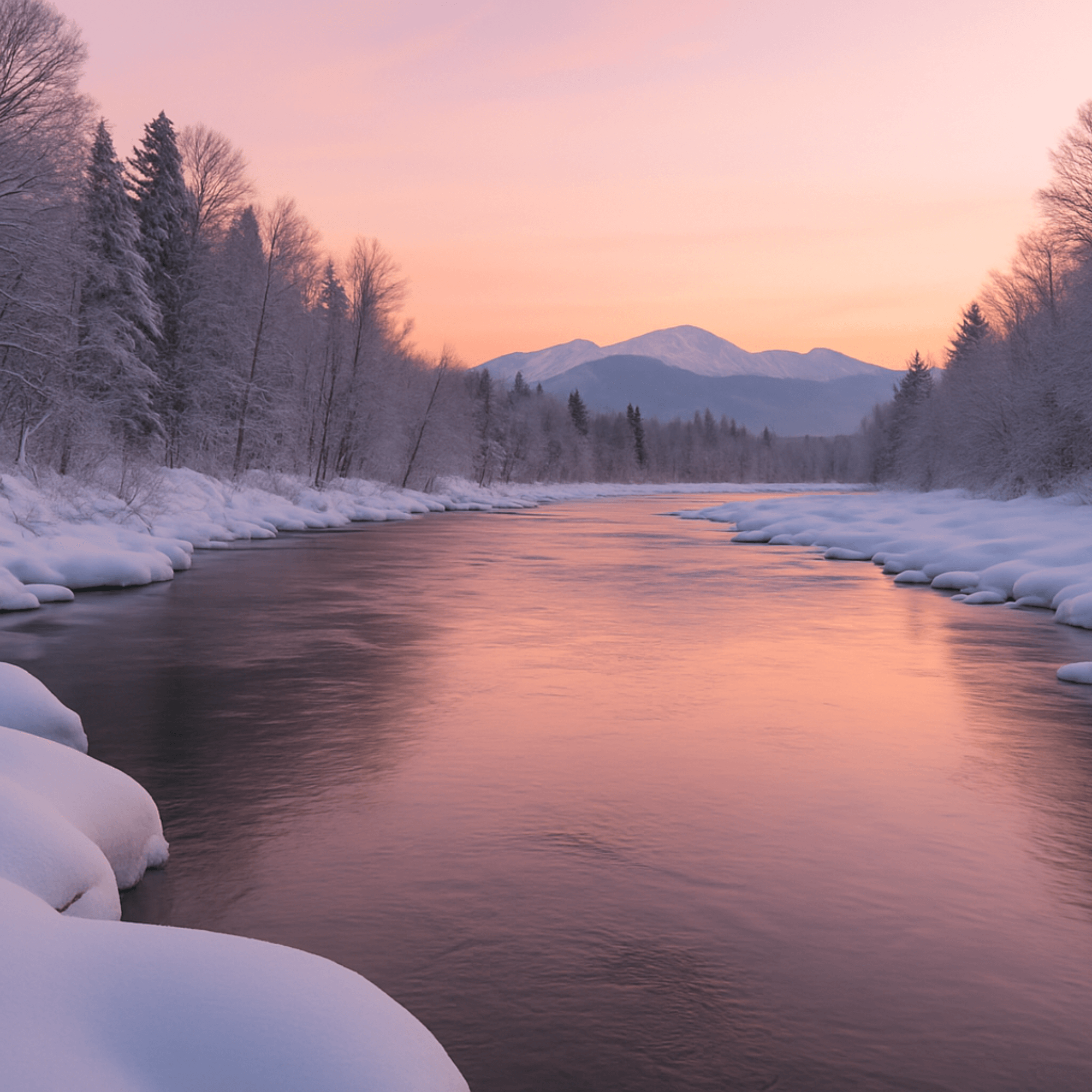 A peaceful winter view of the Ammonoosuc River with icy water, snow lined banks, and pastel sky reflecting above distant mountains.