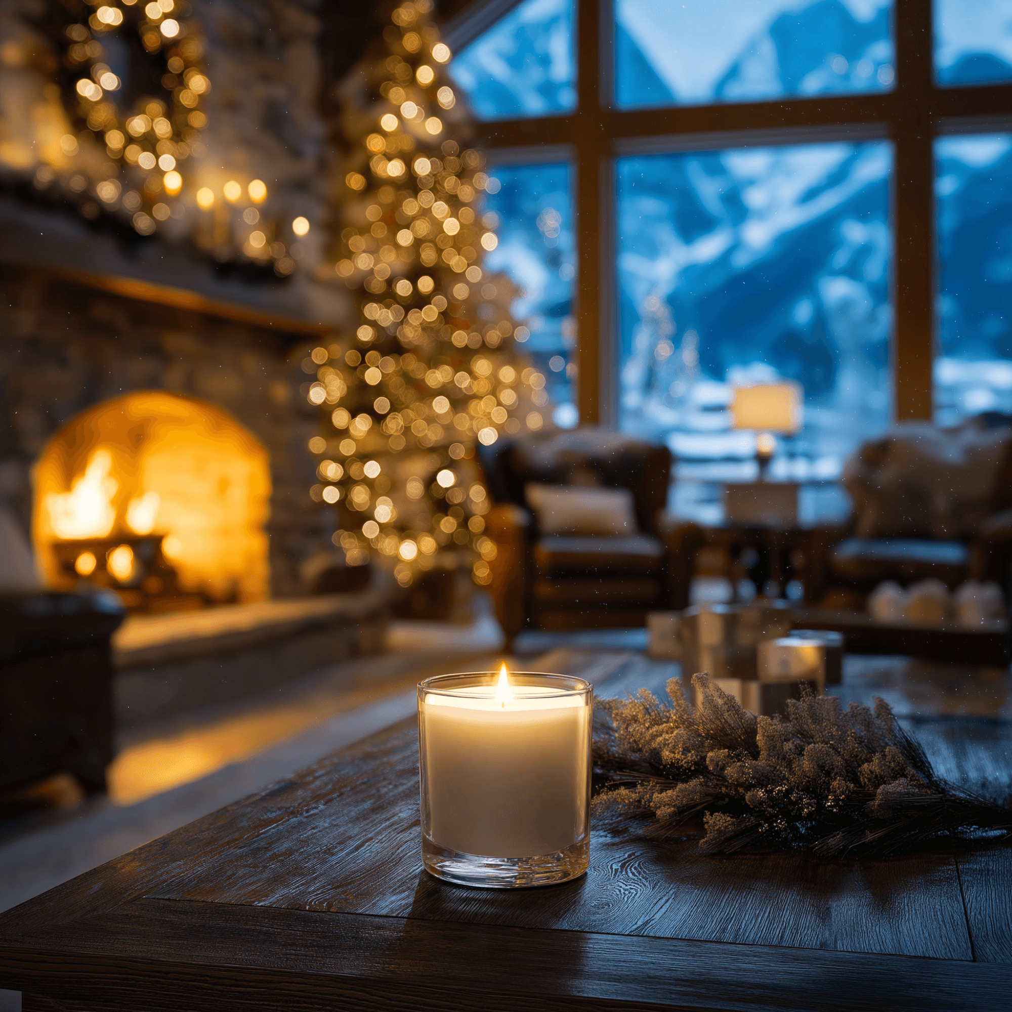 Warm light glowing through windows of a winter home in Bretton Woods