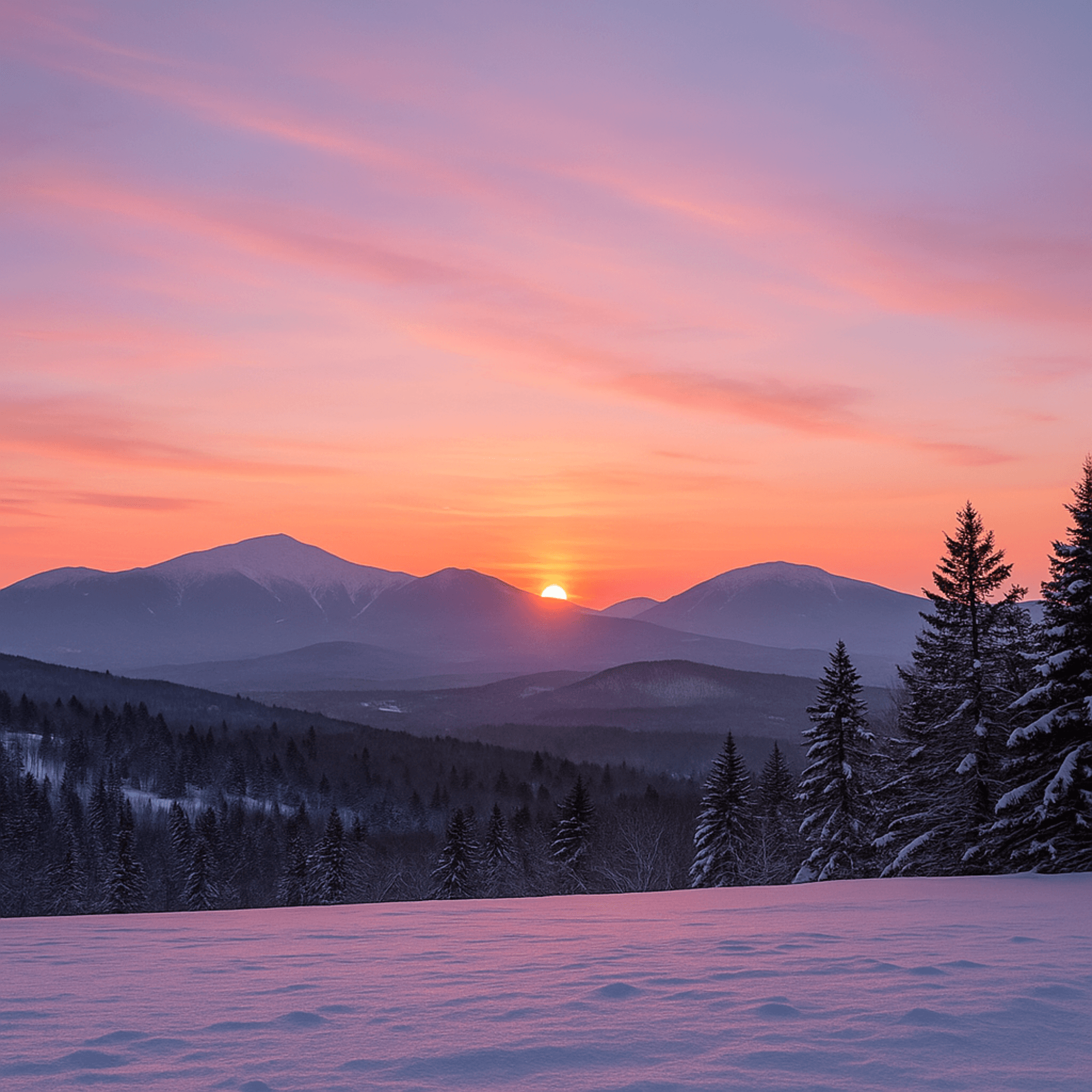 Winter sunset over snow covered peaks in the White Mountains