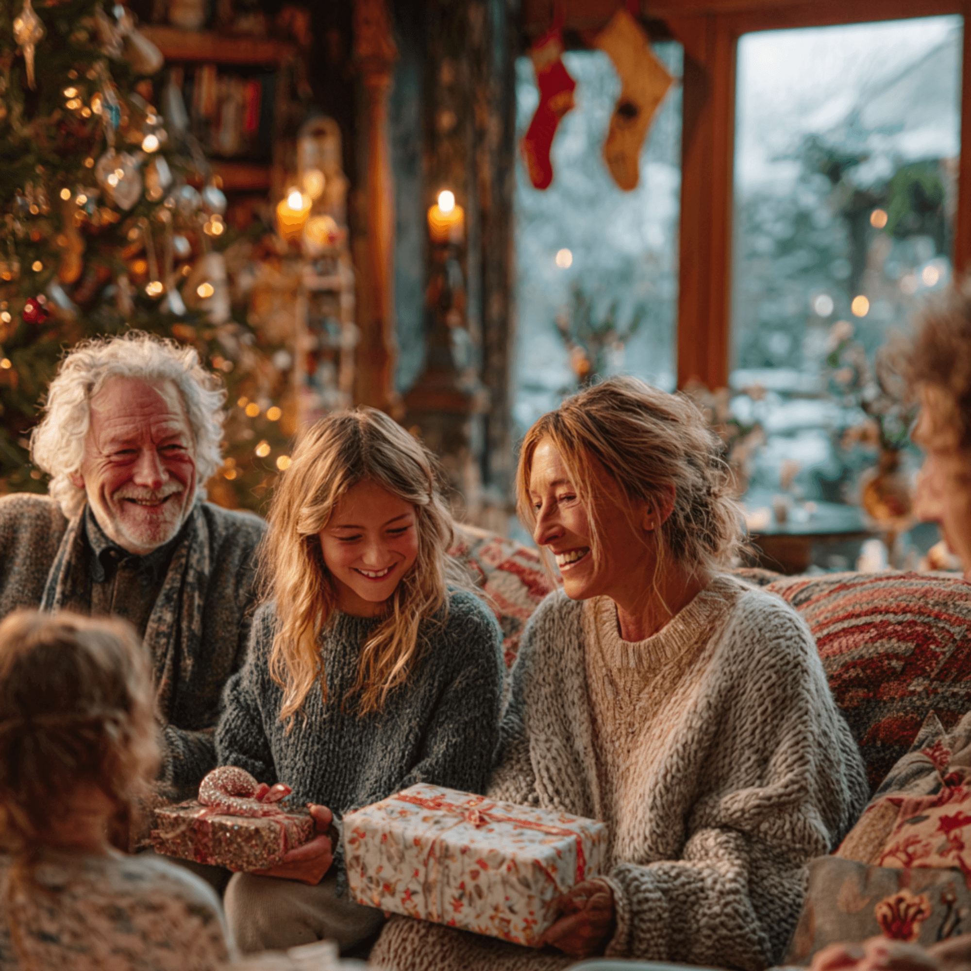 Multi generational family giving gifts by the fireplace in a Bretton Woods winter vacation rental