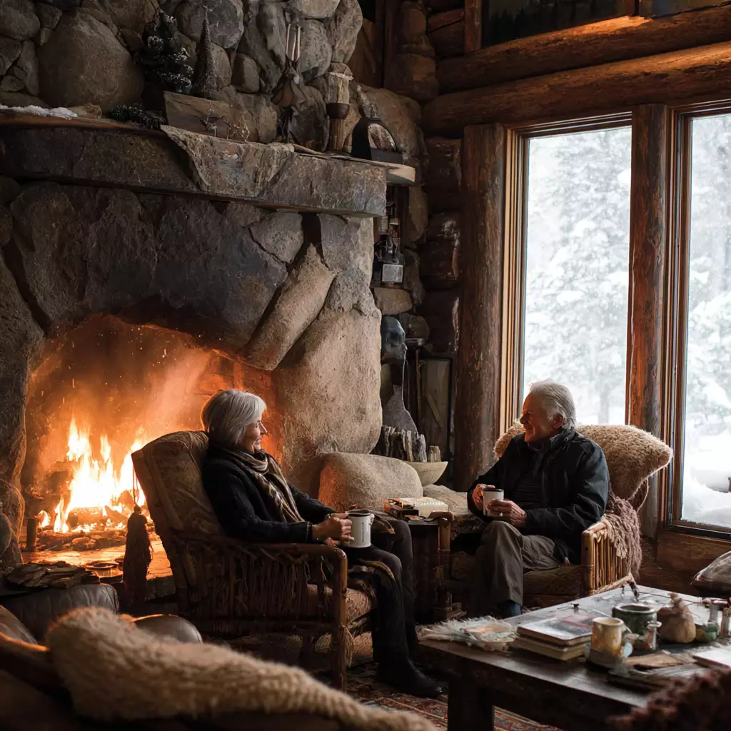 Romantic winter retreat New Hampshire couple relaxing inside cabin near fireplace