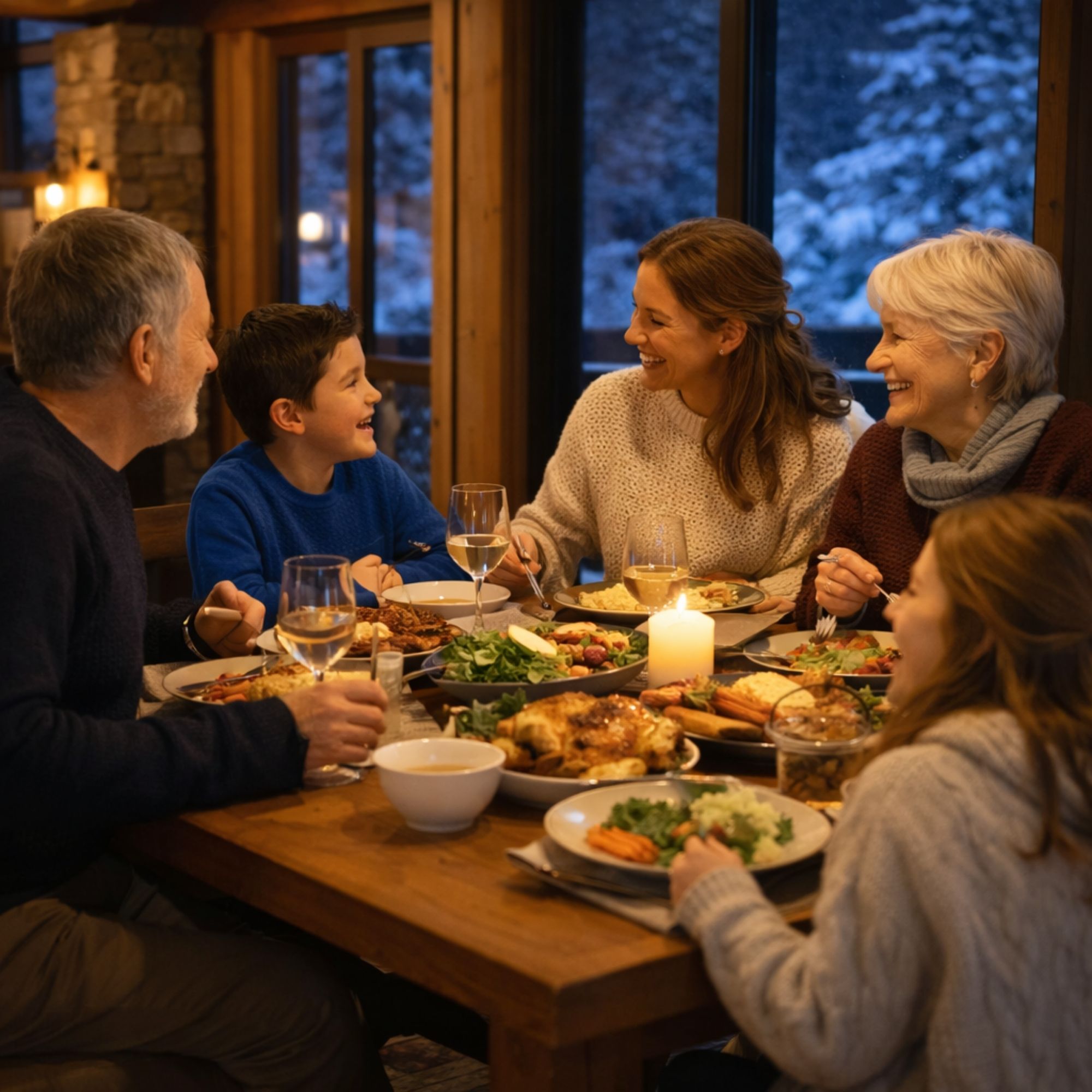 Multi-generational family sharing dinner in a Bretton Woods vacation home during MLK weekend