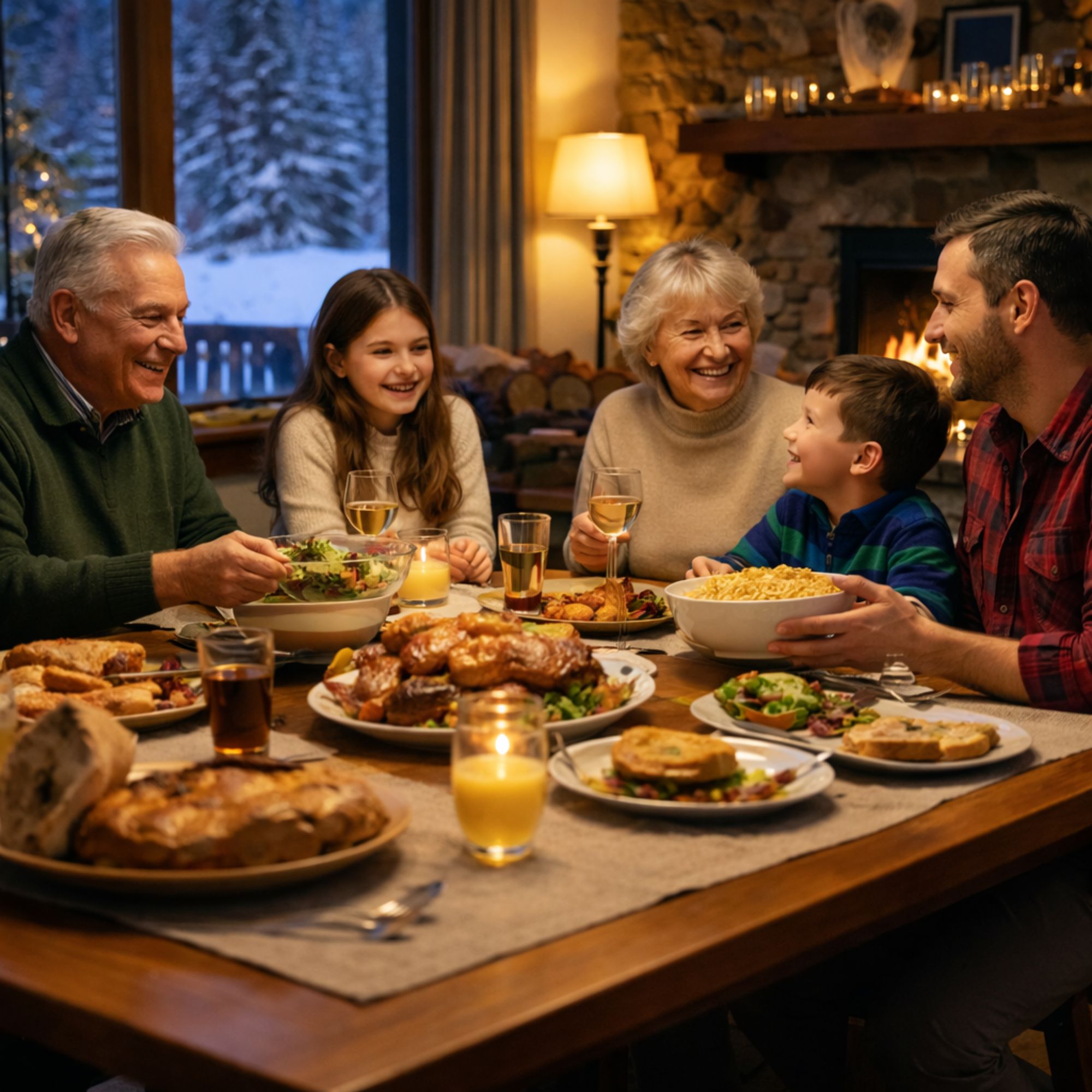 Multi-generational family sharing dinner during Presidents Day weekend in a Bretton Woods vacation home