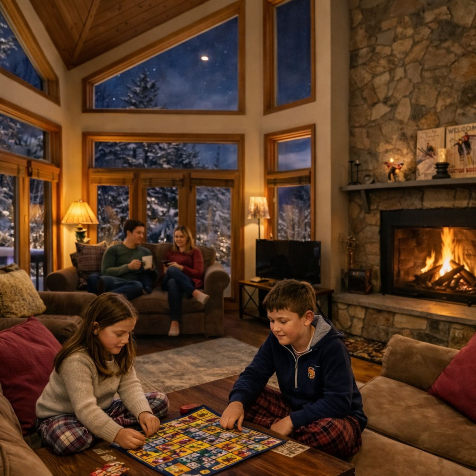Family relaxing in Bretton Woods vacation rental living room during February school vacation