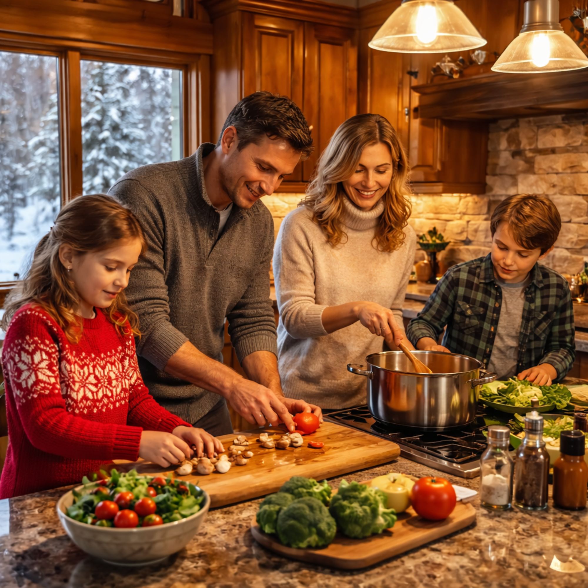 Weekly vacation rental White Mountains family cooking together in full kitchen