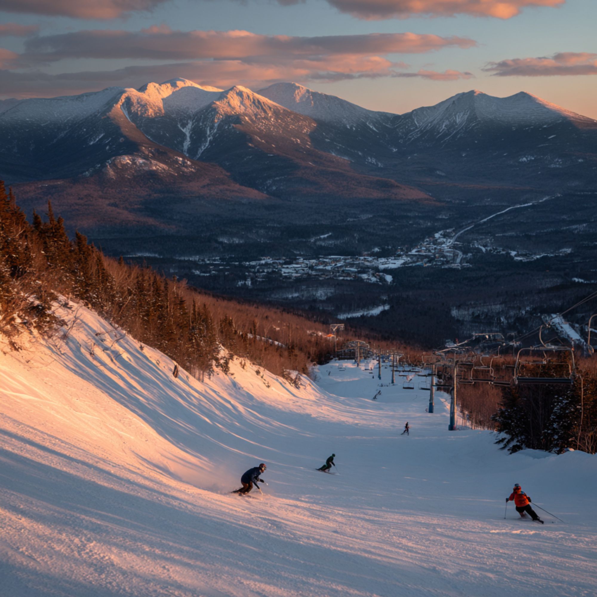 Skiers enjoying late afternoon runs at Bretton Woods in late March with extended daylight and sunset lighting