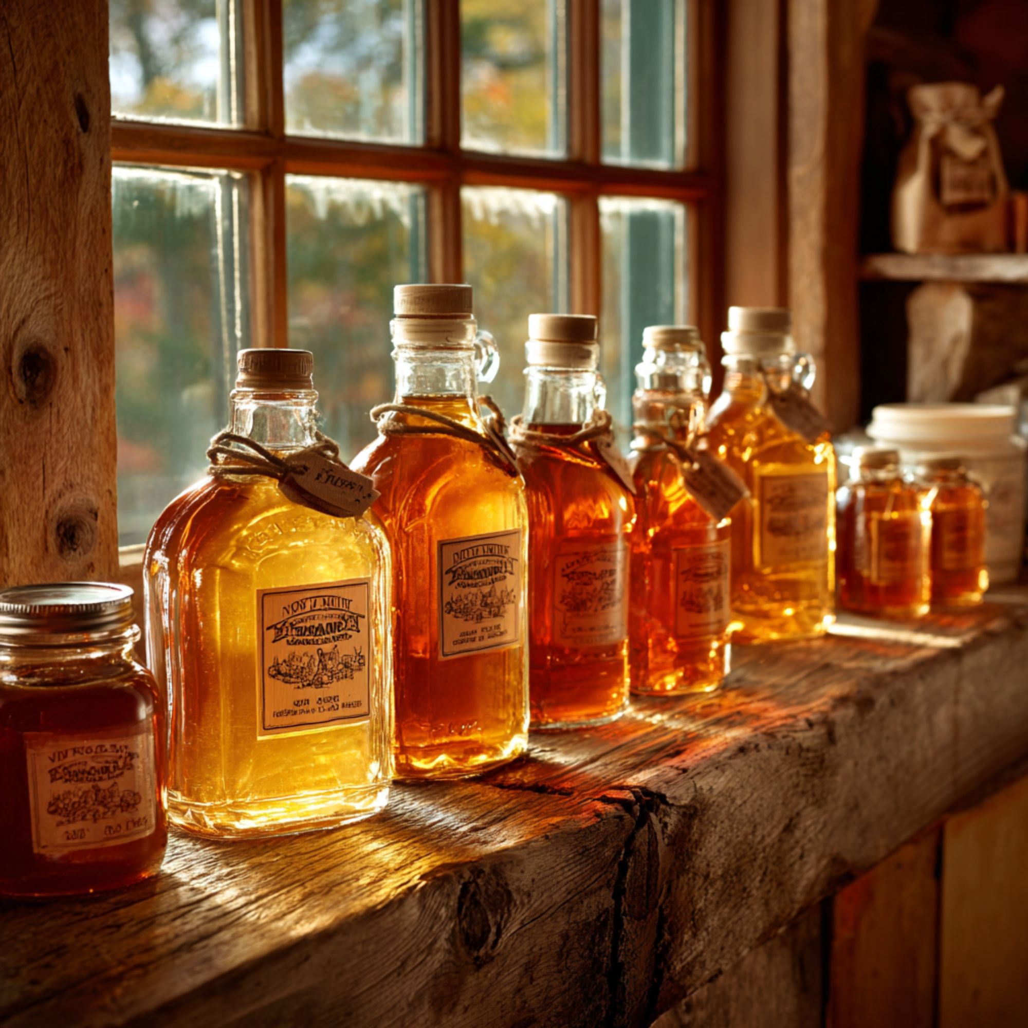 Display of pure New Hampshire maple syrup products for sale at White Mountains sugarhouse showing different grades 