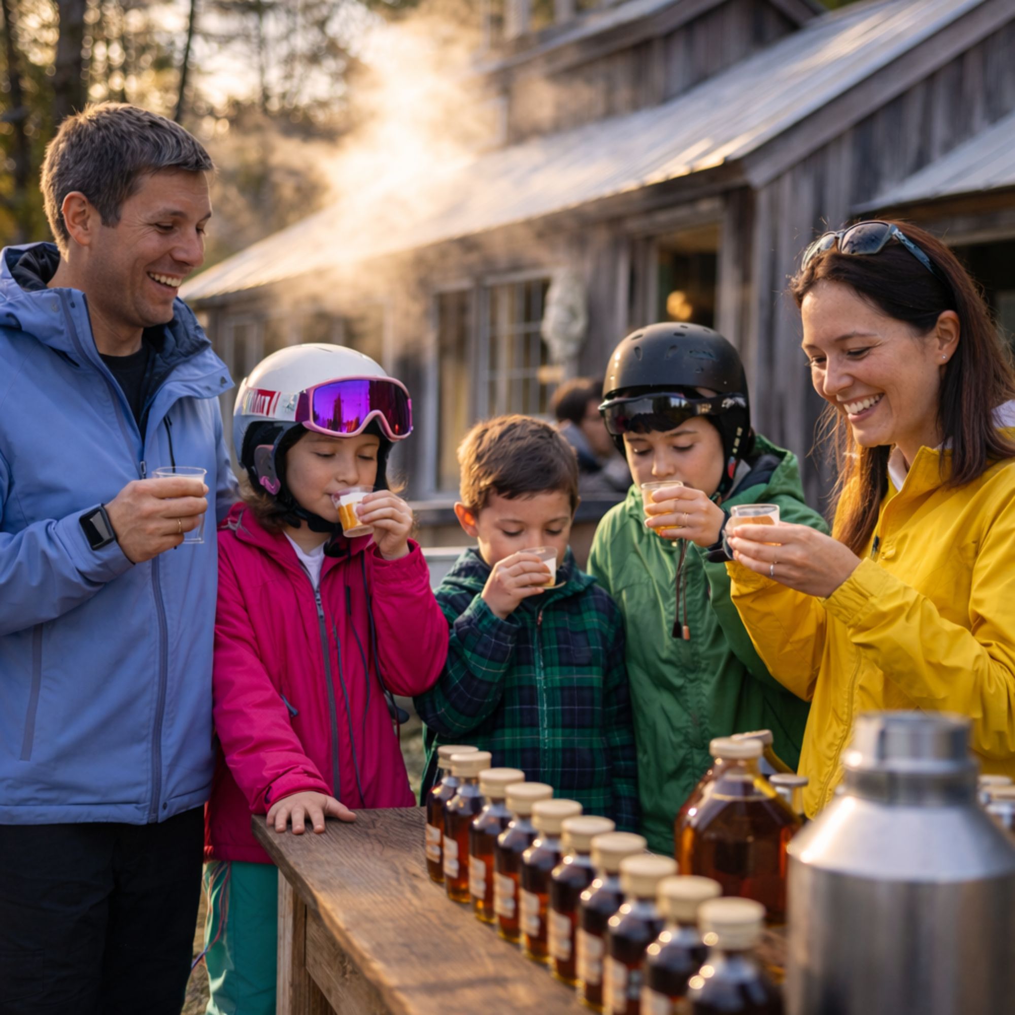 amily at Bretton Woods combining March skiing with maple sugar tour activities in New Hampshire White Mountains