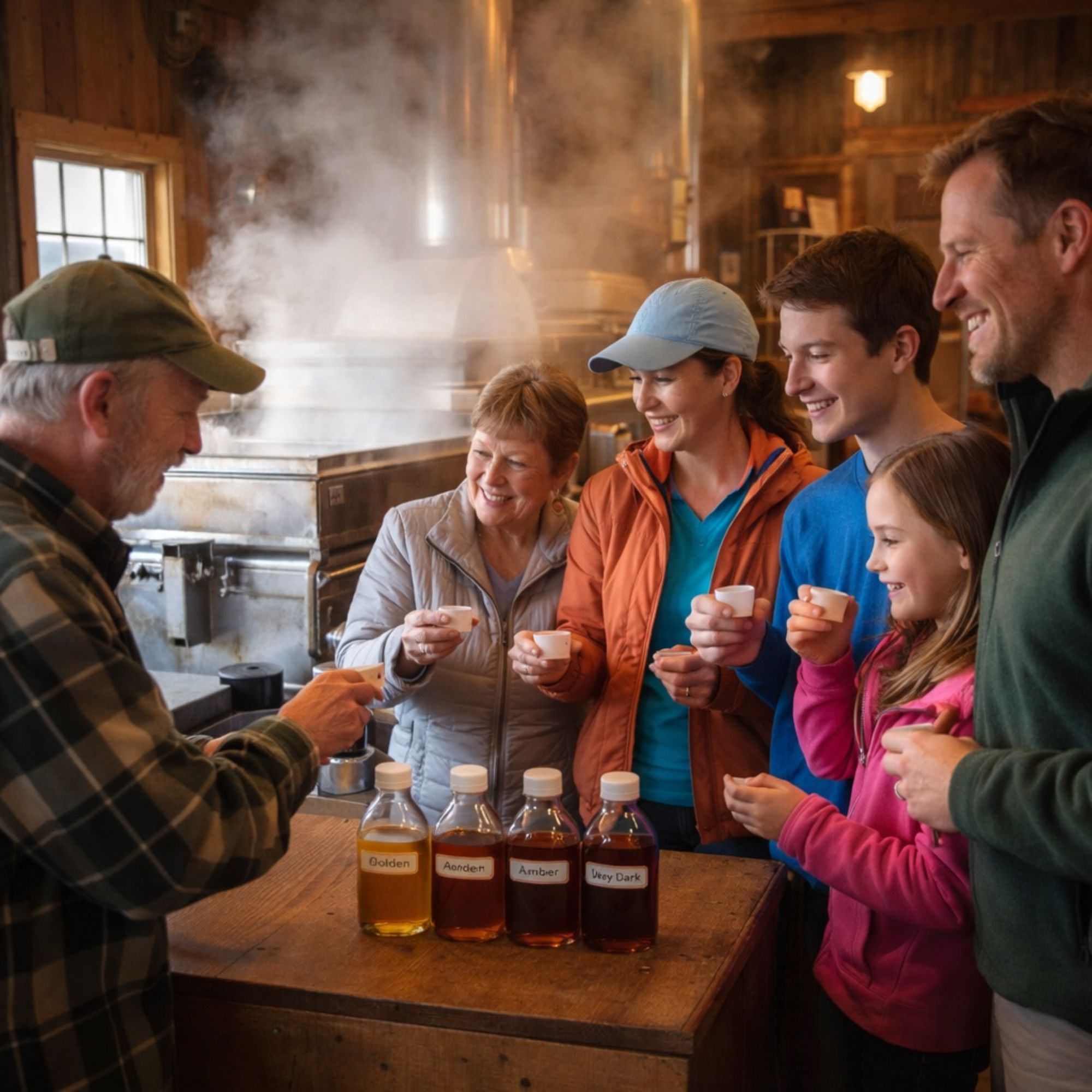 Multi-generational family participating in maple sugar tour at New Hampshire sugarhouse near Bretton Woods in March