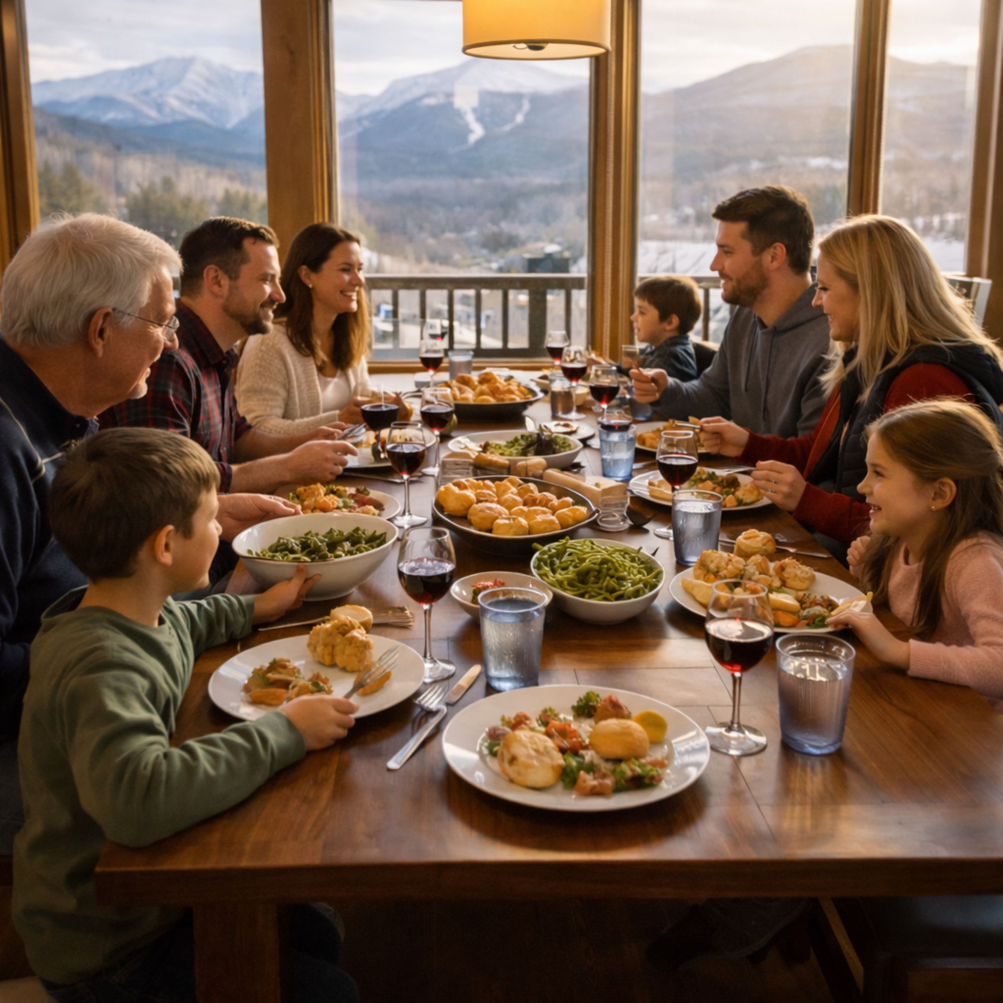Multi-generational family sharing meal together at Bretton Woods vacation rental dining table in New Hampshire