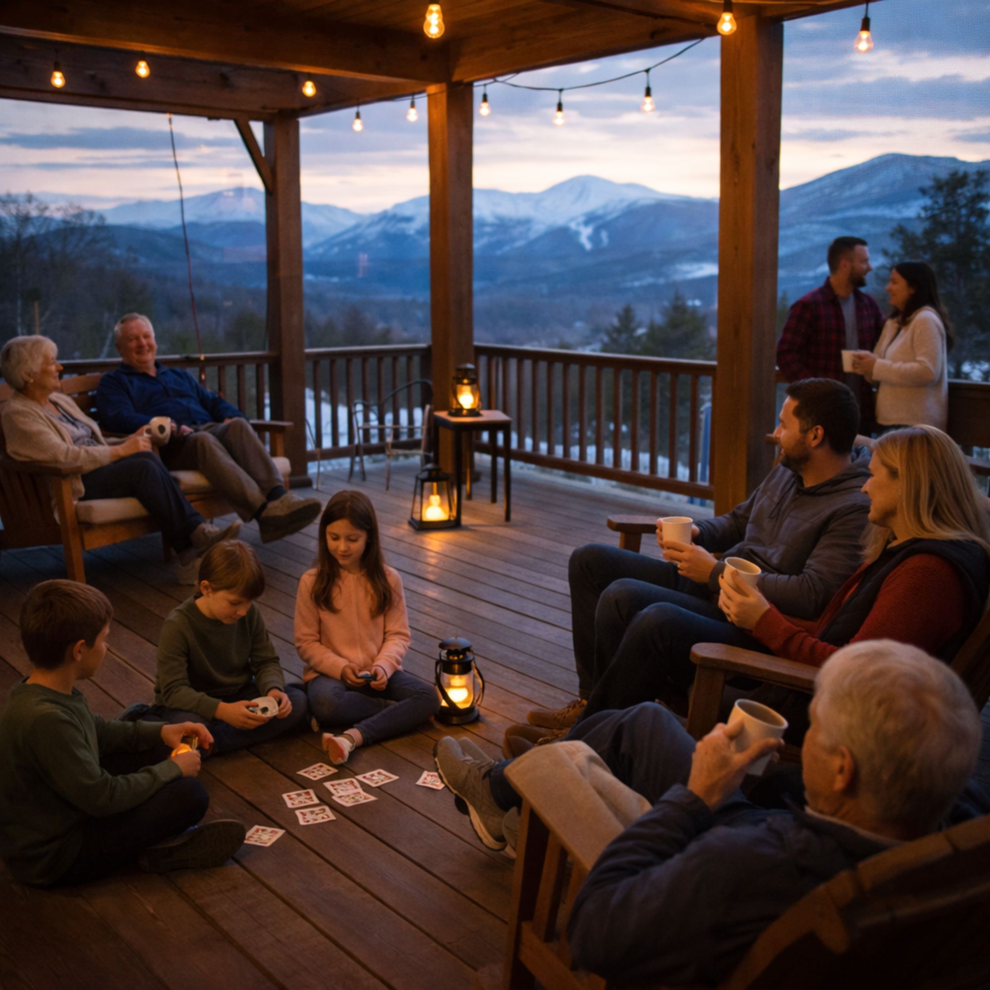 Three generations of family relaxing on Bretton Woods vacation rental porch with White Mountains Presidential Range views on March evening