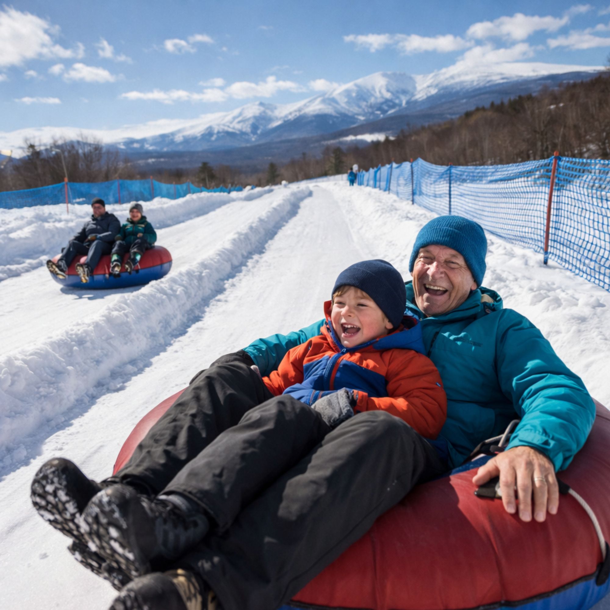 Three generations snow tubing together at Bretton Woods showing grandparents, parents and children sharing activity in March