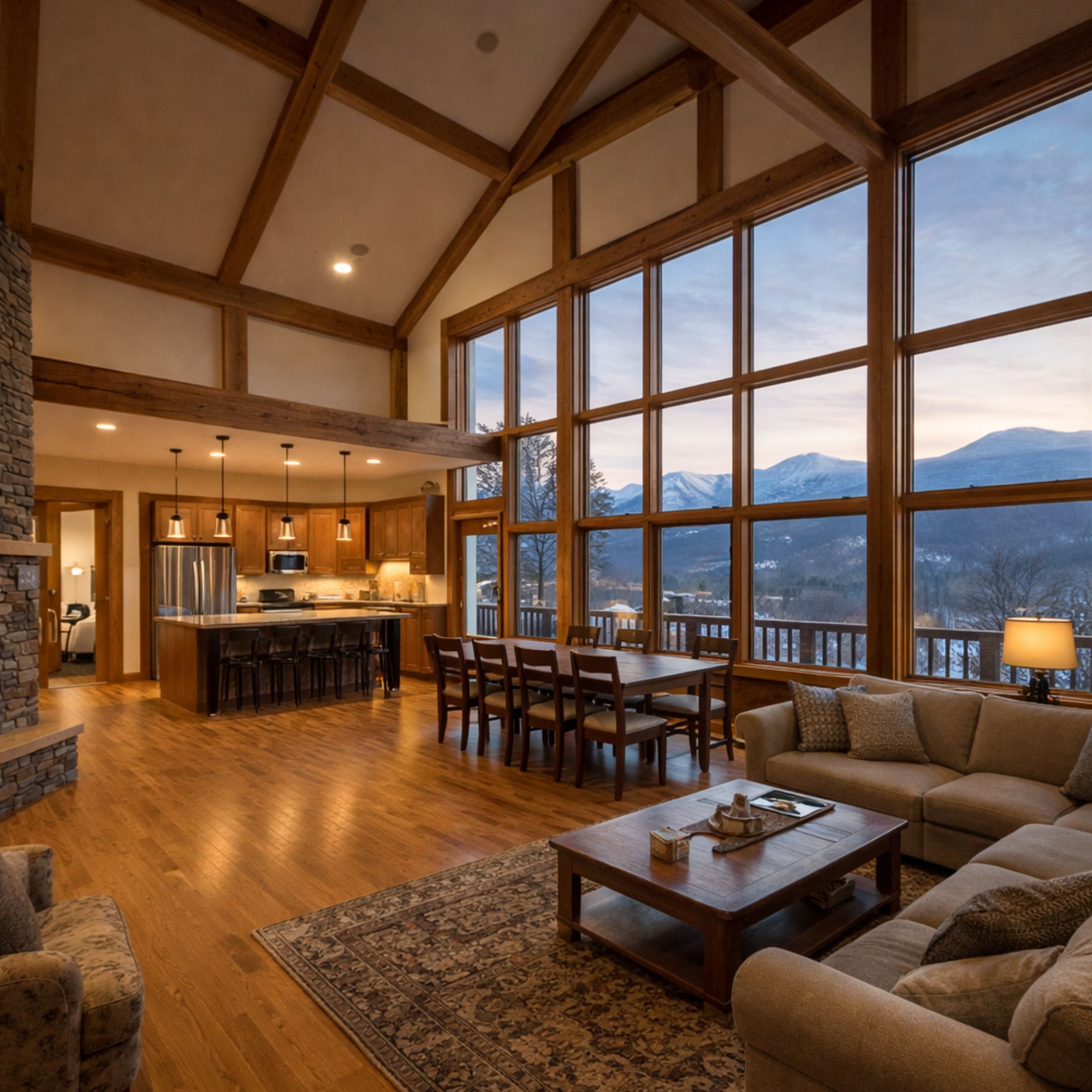 Spacious Bretton Woods vacation rental interior showing open floor plan perfect for multi-generational families in New Hampshire