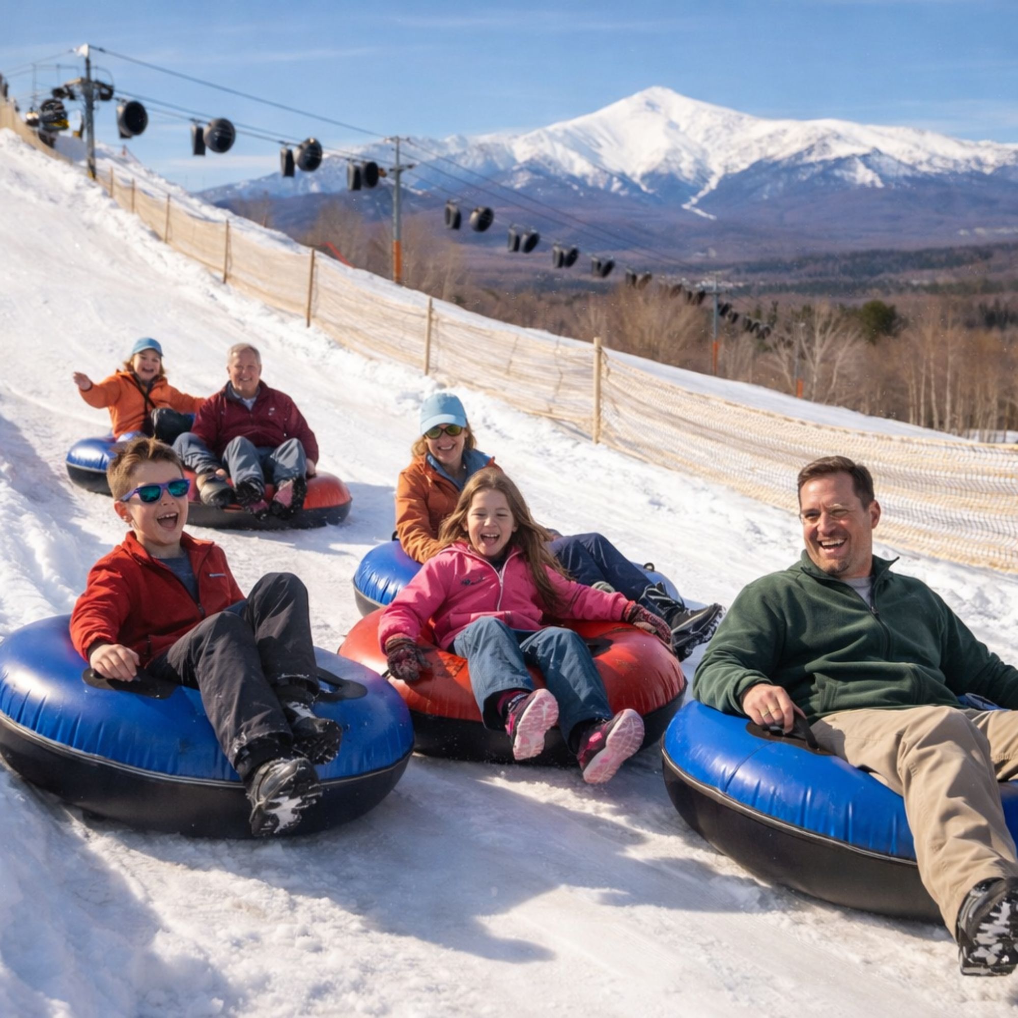 Family snow tubing at Bretton Woods with children and parents sliding down lanes in March sunshine