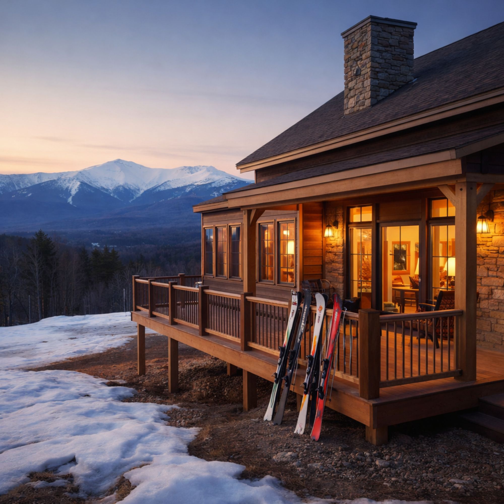 Cozy Bretton Woods vacation rental at sunset in March with skis on porch and White Mountains view