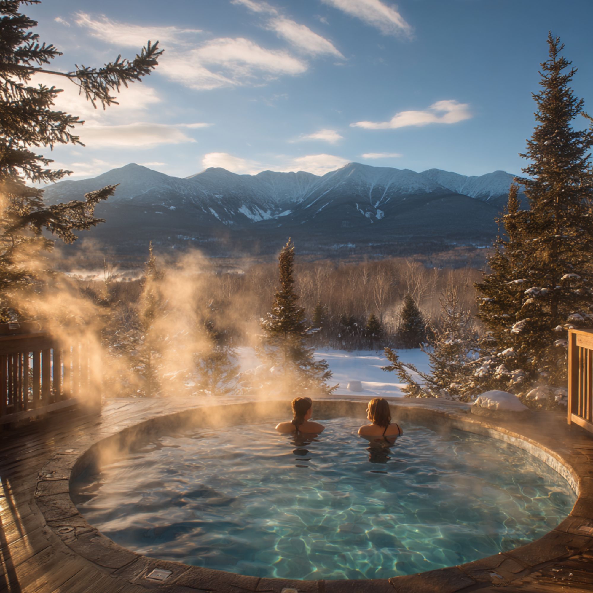 Outdoor hot tub at Bretton Woods with steam rising and White Mountains Presidential Range views in March