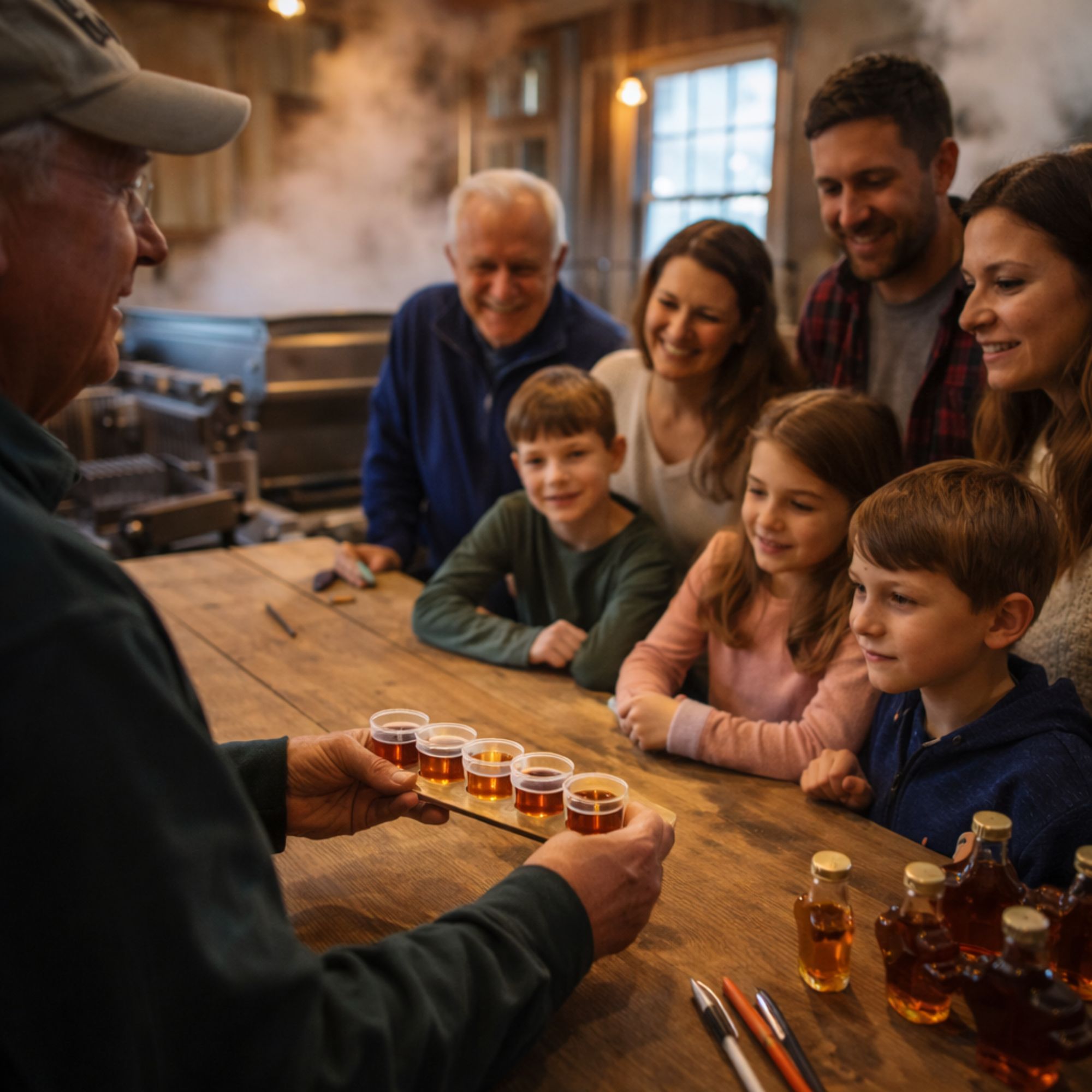 Family tasting different grades of maple syrup at White Mountains sugarhouse during NH Maple Weekend 2026
