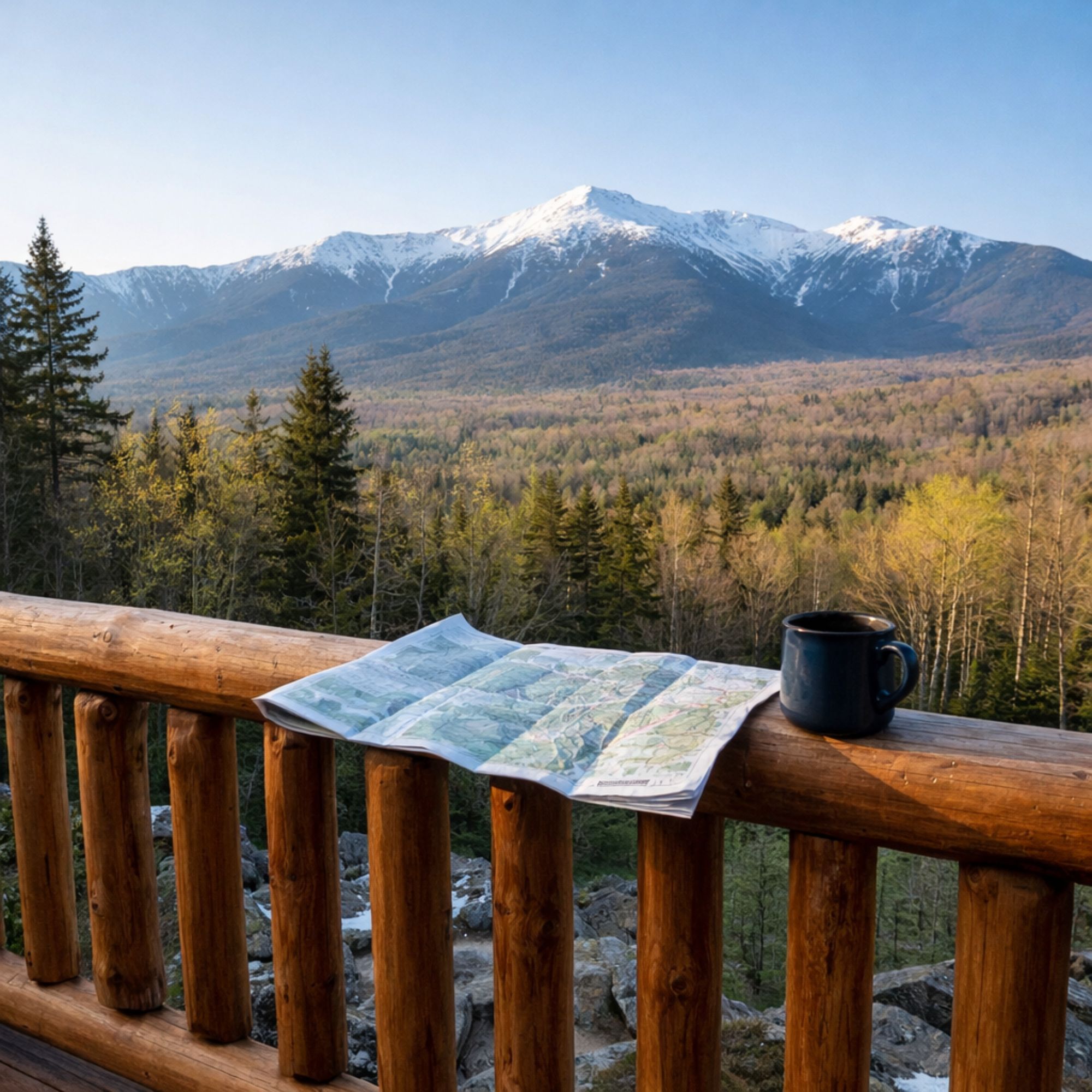 View from a Bretton Woods vacation rental deck toward the snowcapped Presidential Range on a clear spring morning