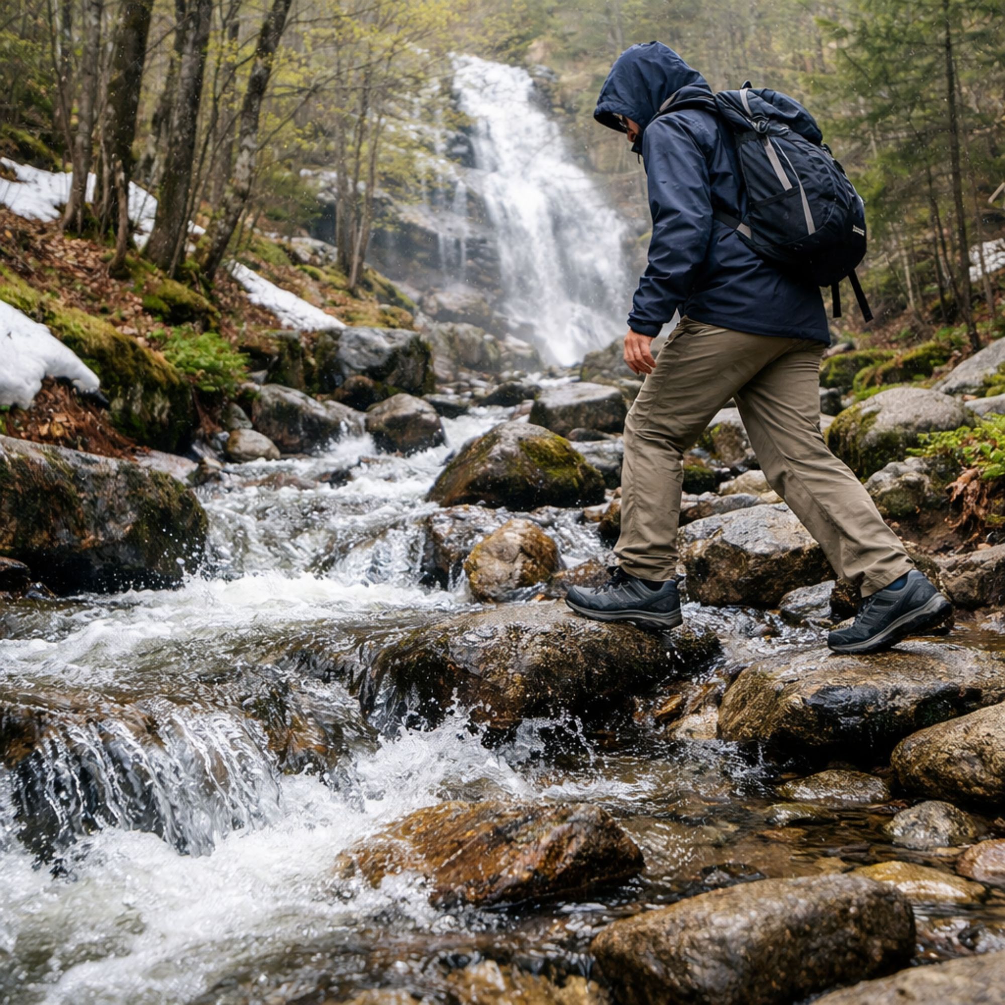 Solo hiker at the base of Cloudland Falls on the Falling Waters Trail in Franconia Notch during peak spring flow