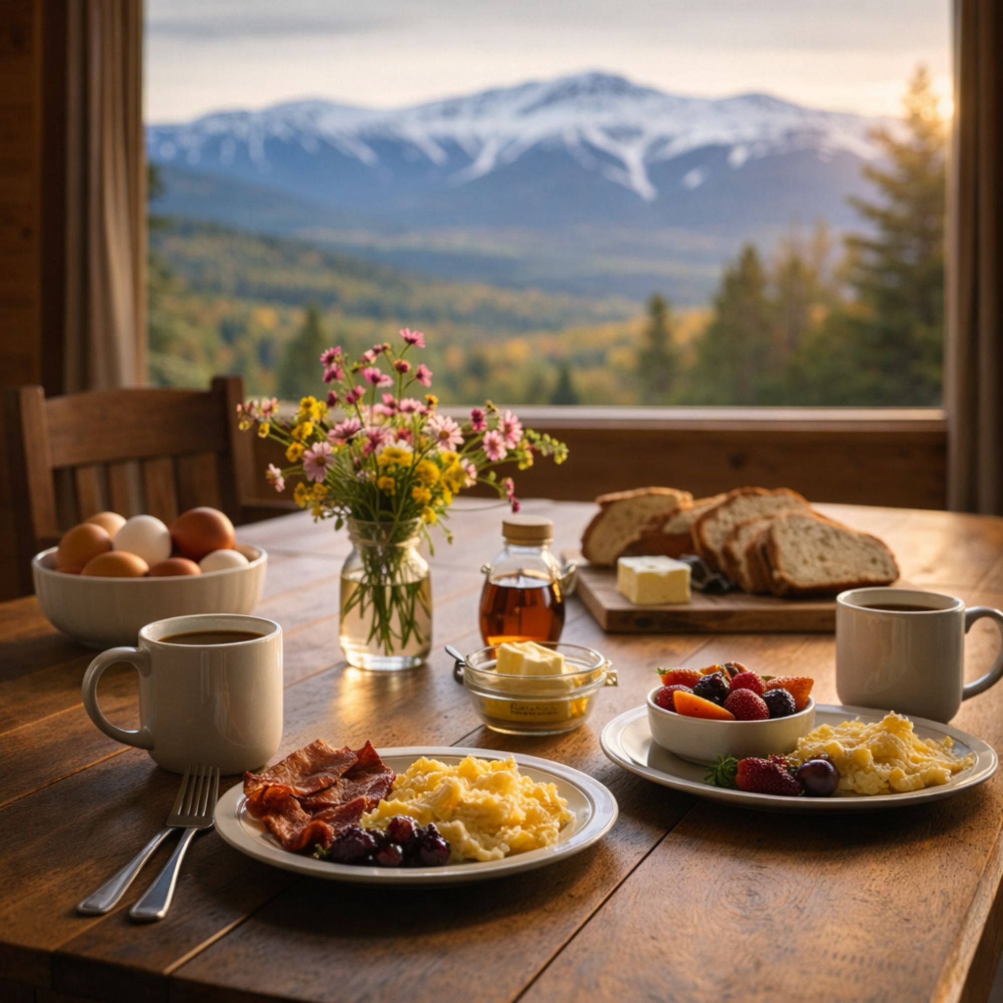 Spring breakfast spread in Bretton Woods vacation rental with local ingredients and White Mountains view
