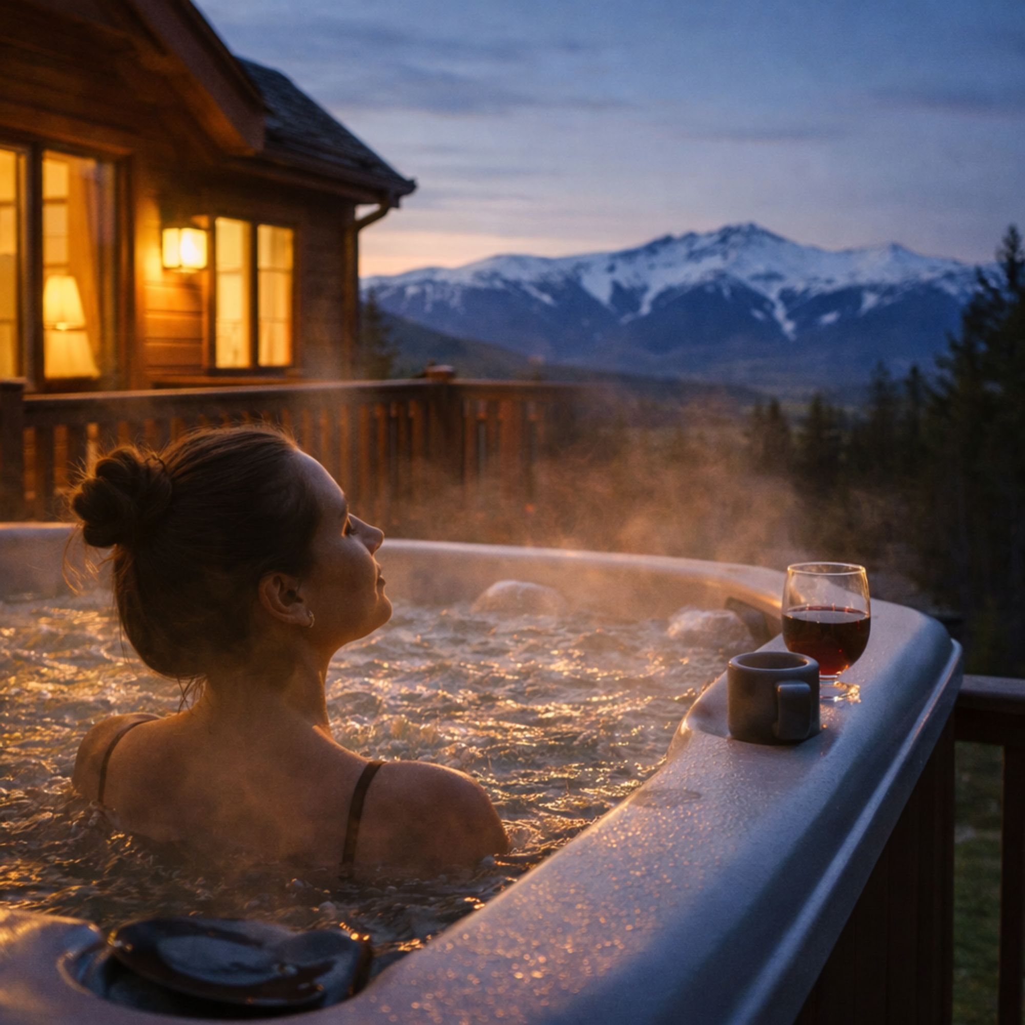 Woman relaxing in private hot tub at Bretton Woods mountain vacation home with Presidential Range sunset views