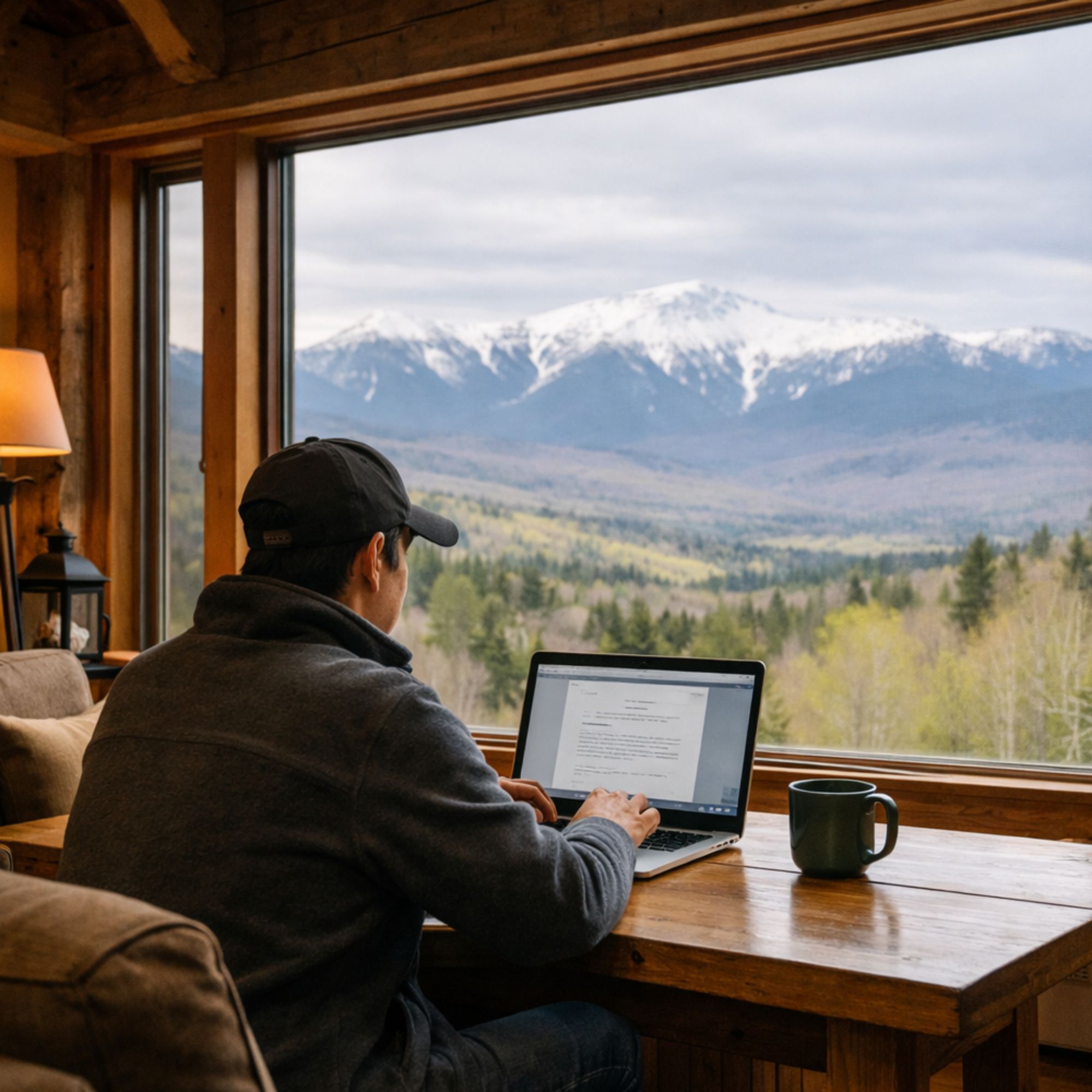 Person working on a laptop at a large window inside a White Mountains vacation rental with a spring mountain view