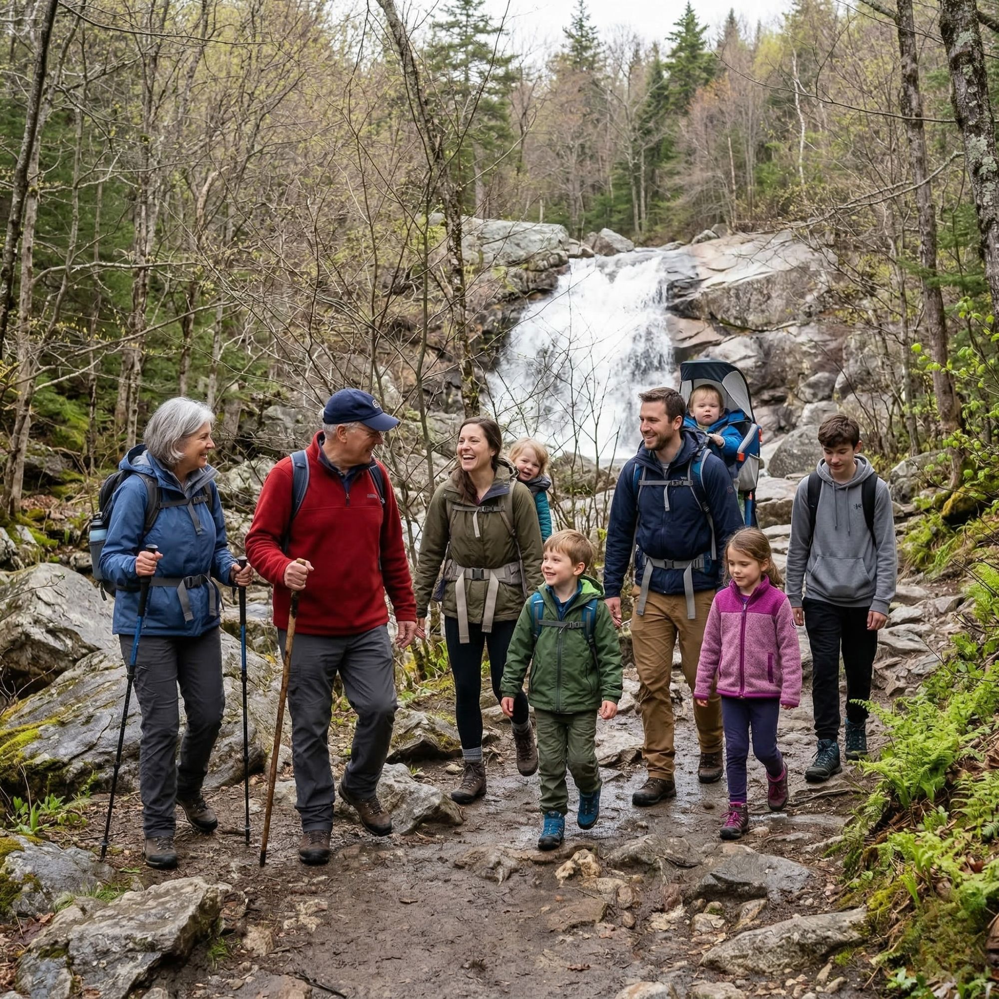 Multi-generational family group hiking a spring trail near Crawford Notch, White Mountains NH, waterfall visible through trees