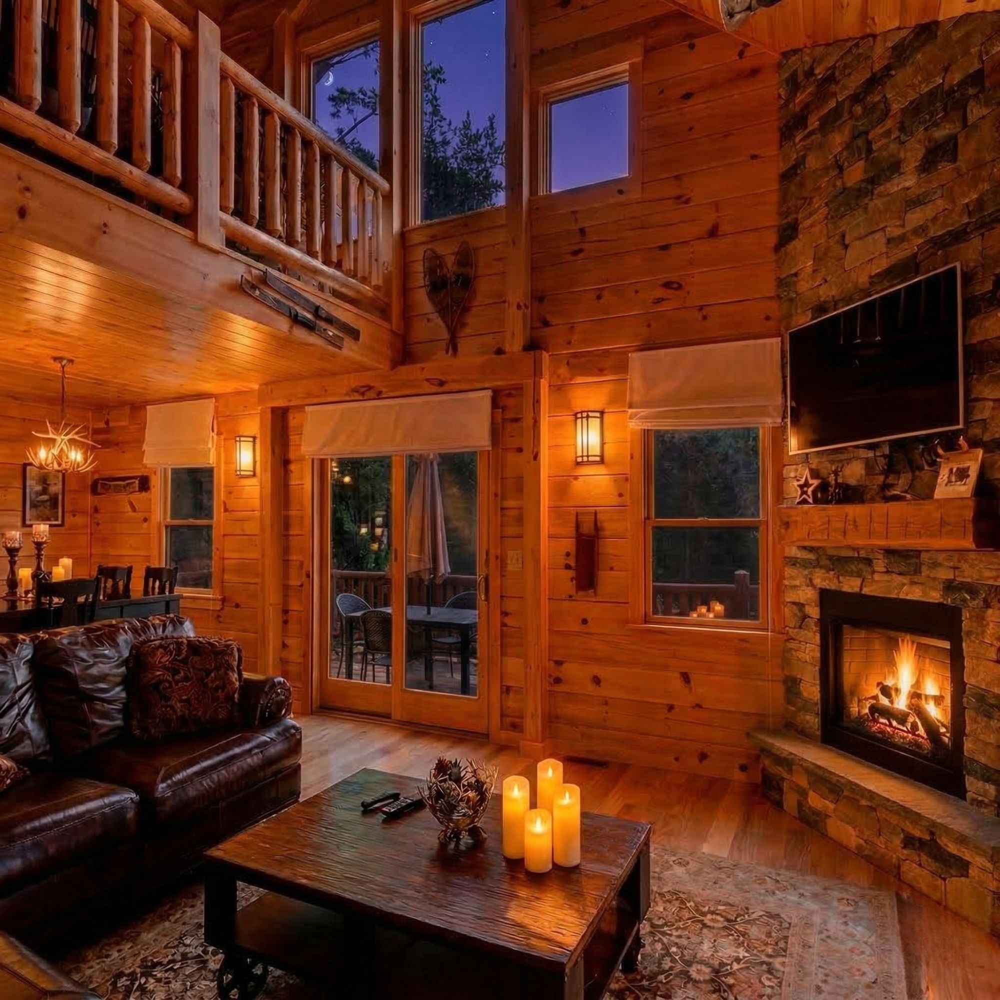 Cozy vacation rental living room interior with fireplace burning 