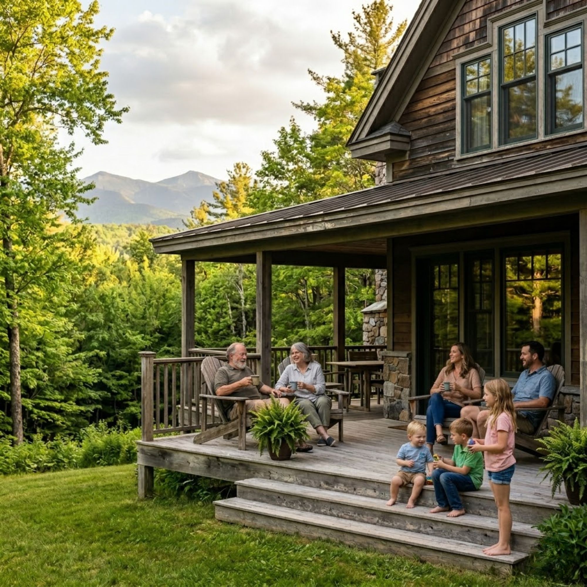 Multi-generational family relaxing on the porch of a spacious White Mountains vacation rental with mountain views