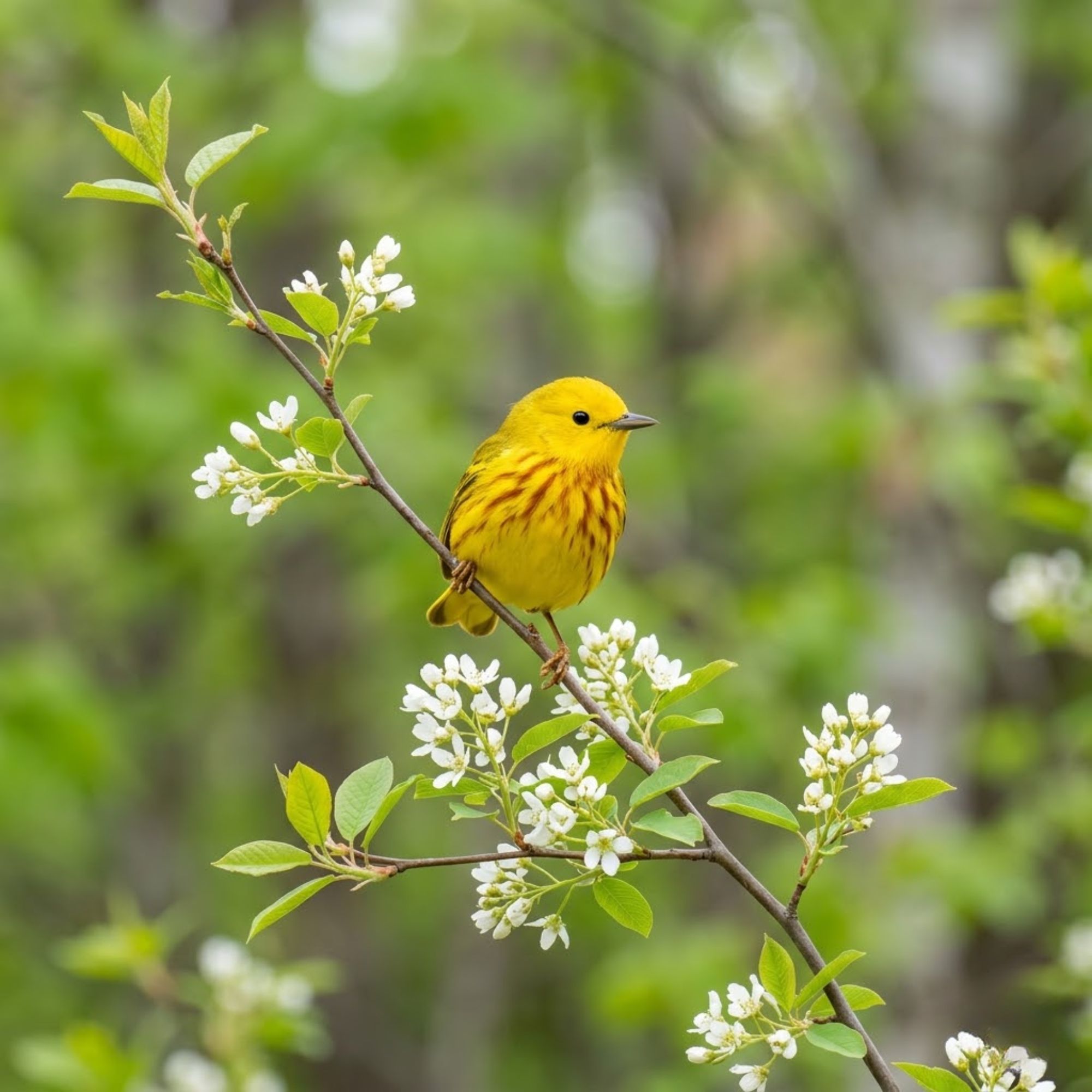 Yellow warbler perched on flowering spring branch with White Mountains forest in the background