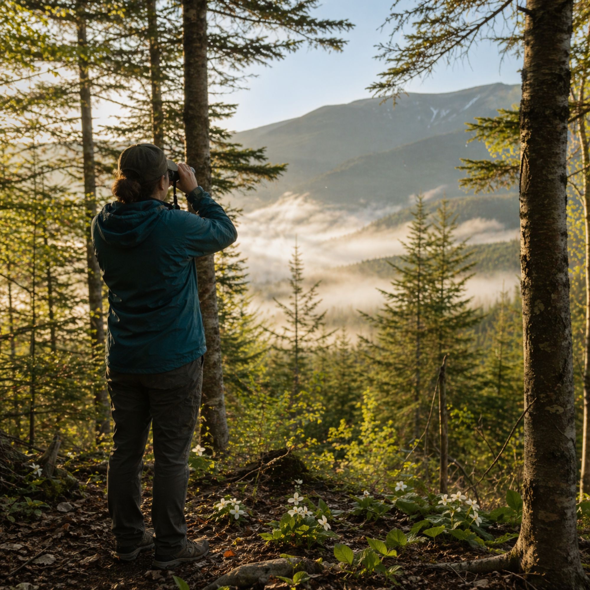 Birder with binoculars standing at spruce forest edge in White Mountains on a clear May morning
