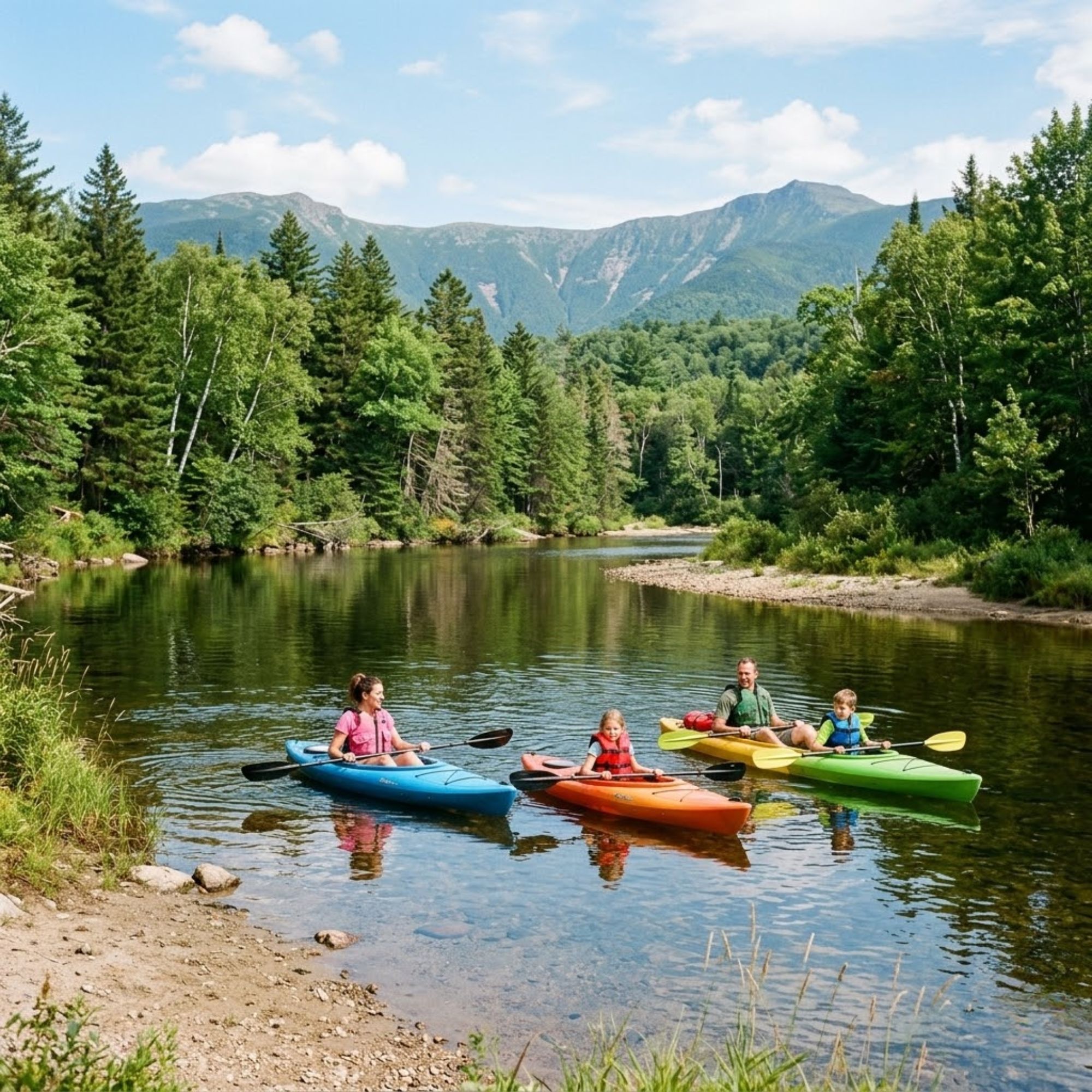 Family of four paddling kayaks on a calm White Mountains river with green forested ridgeline in background 