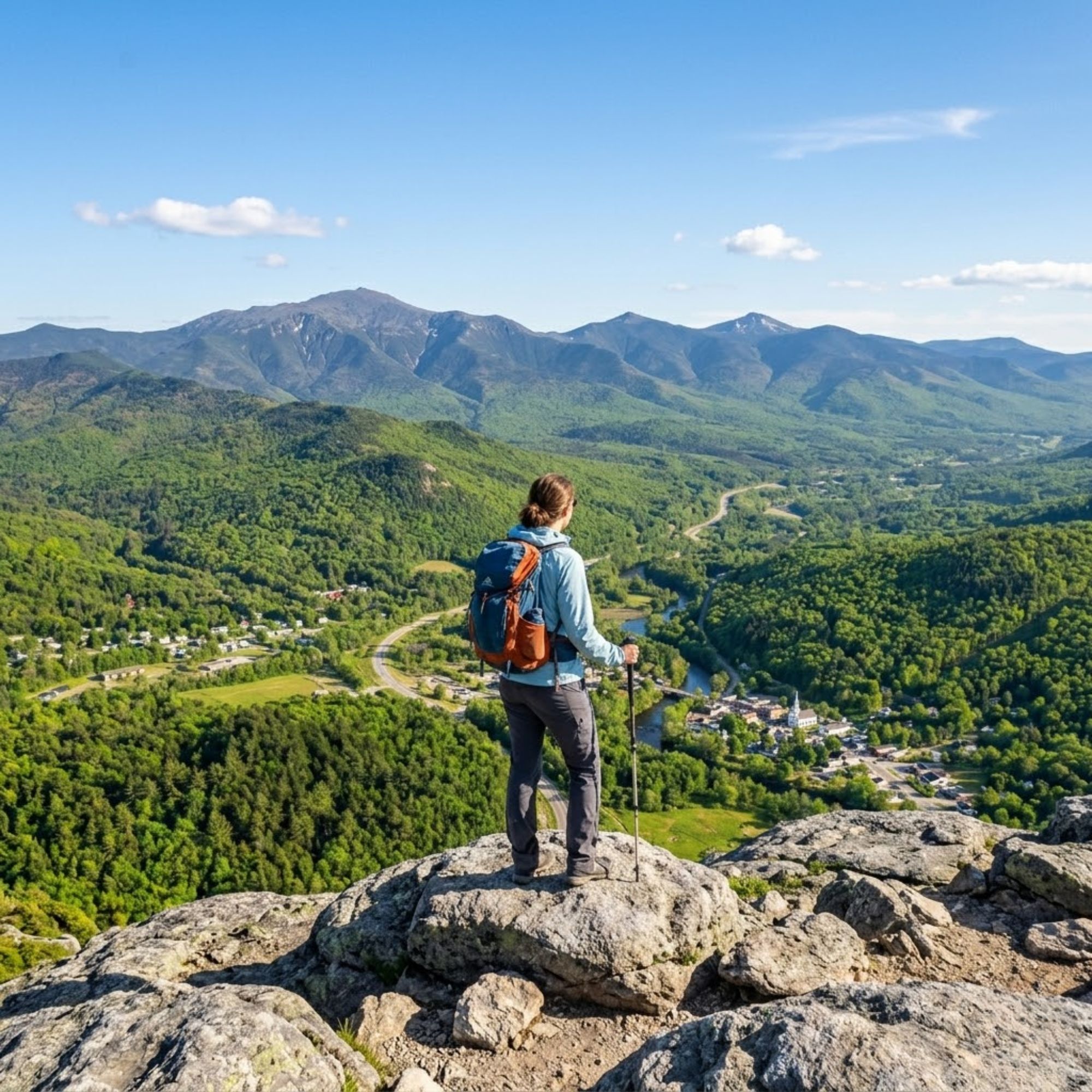  Hiker standing at rocky White Mountains summit looking out over spring green valleys in late May
