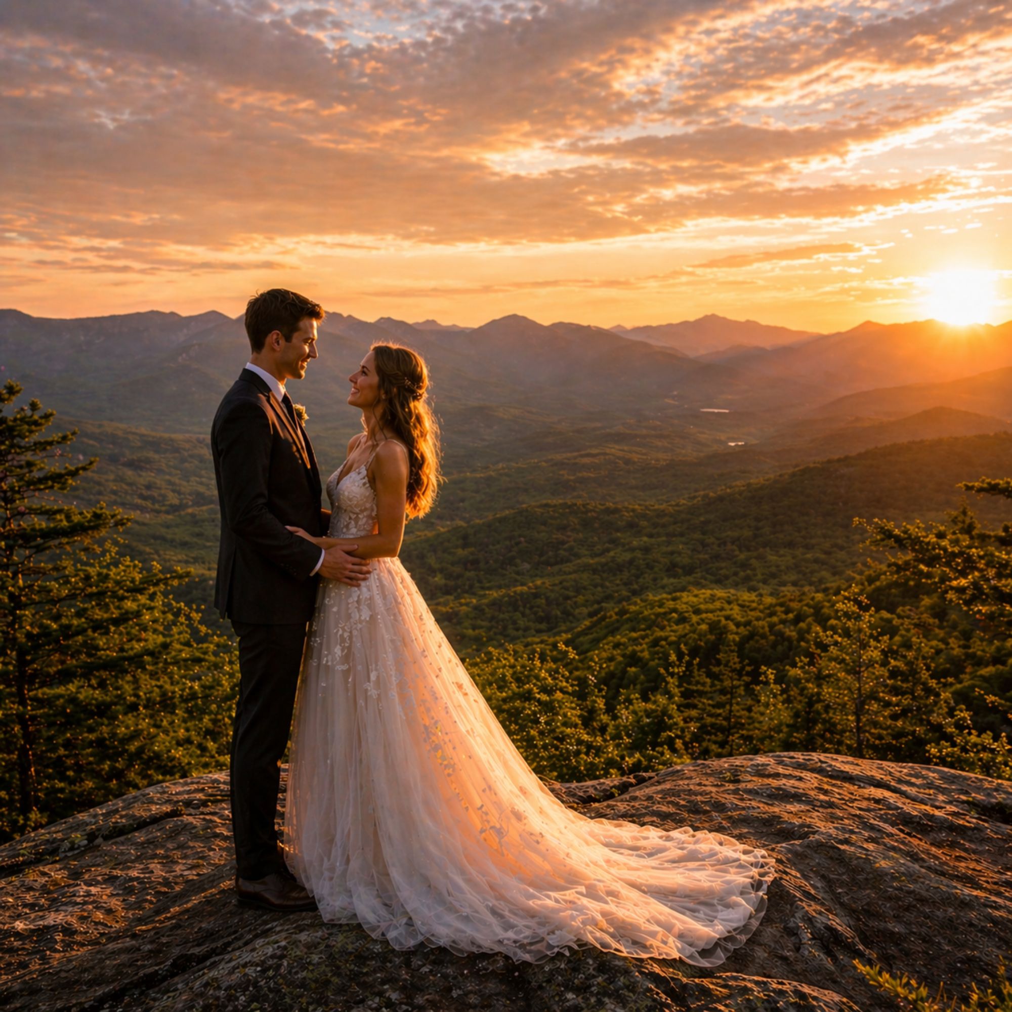 Wedding couple standing at mountain overlook at golden-hour sunset with White Mountains ridgeline behind them