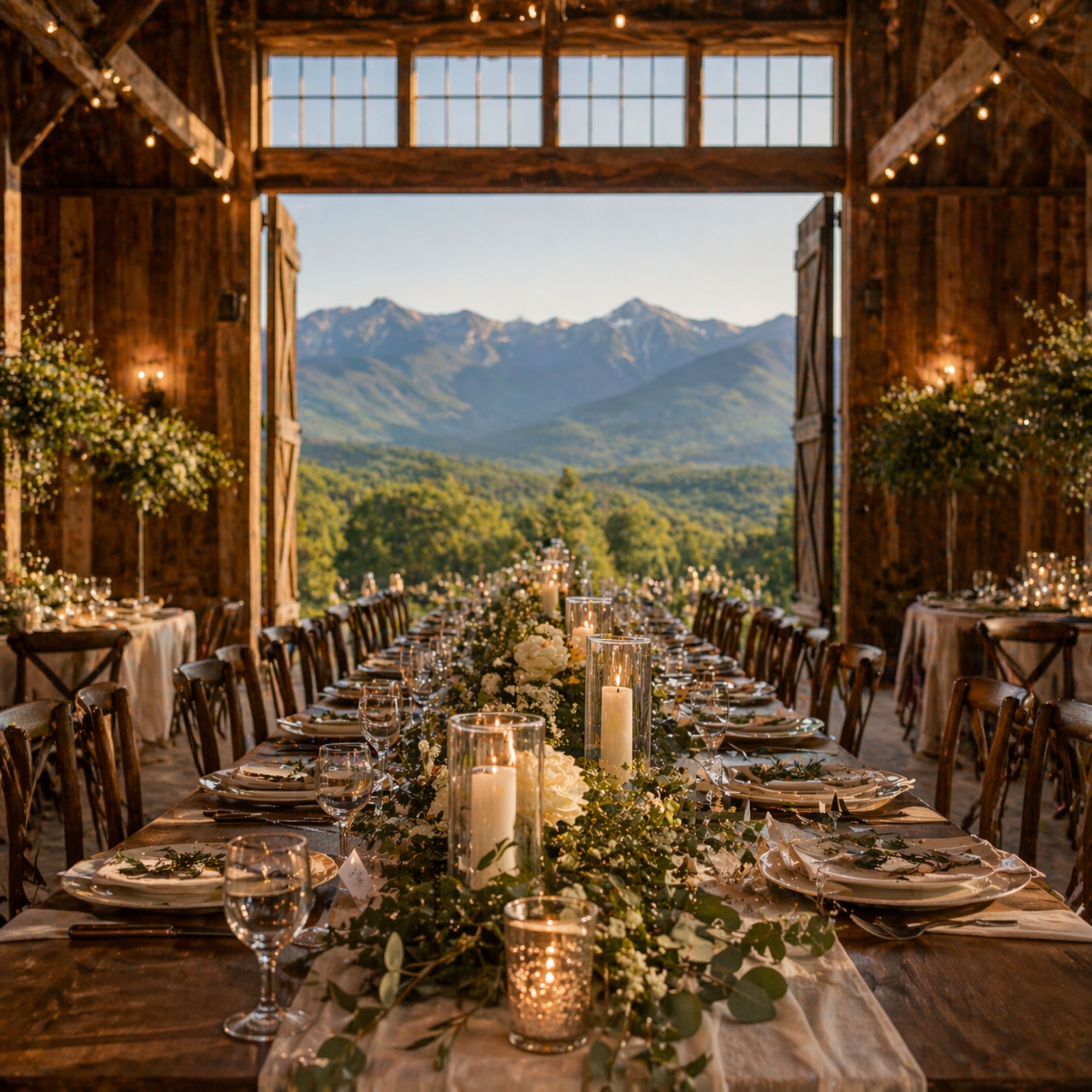 Elegant summer wedding reception table setting inside historic White Mountains barn with mountain views through open doors
