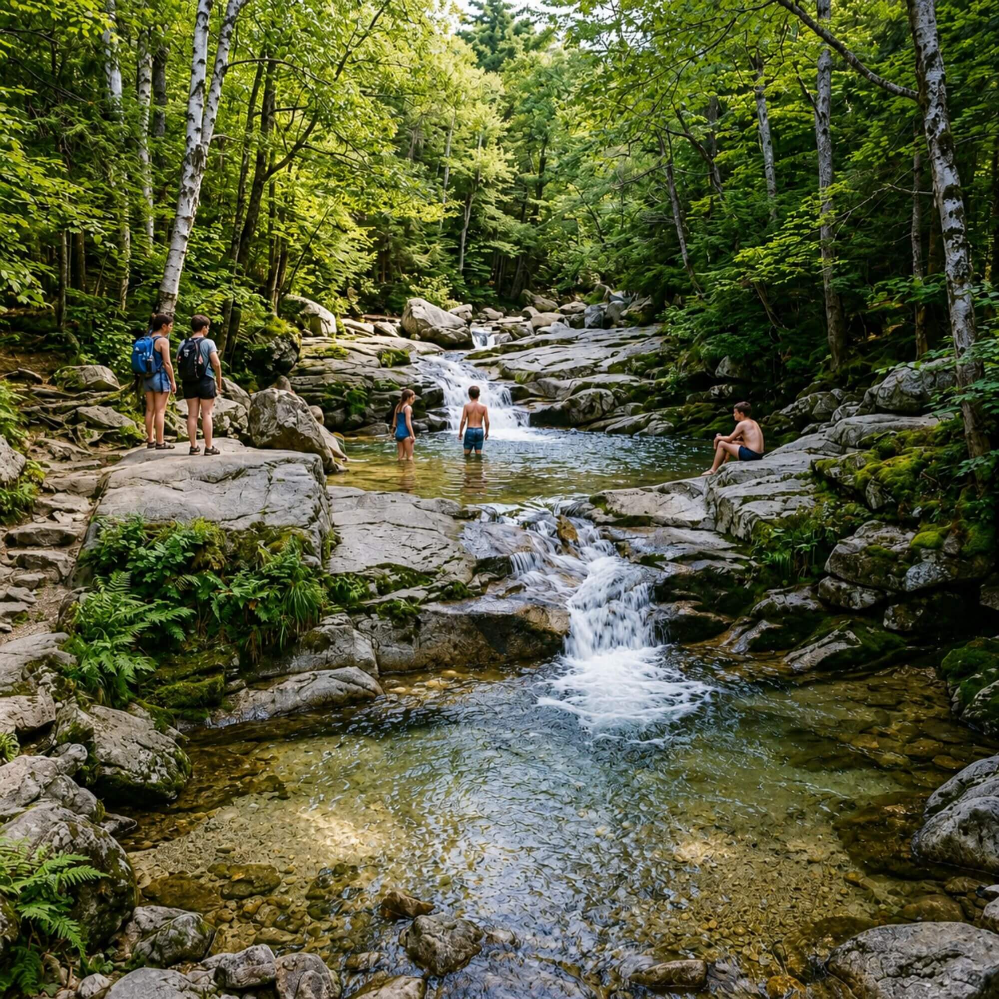 Family wading in the natural pools at Diana's Baths near North Conway, New Hampshire, with small cascades flowing over granite ledges in summer