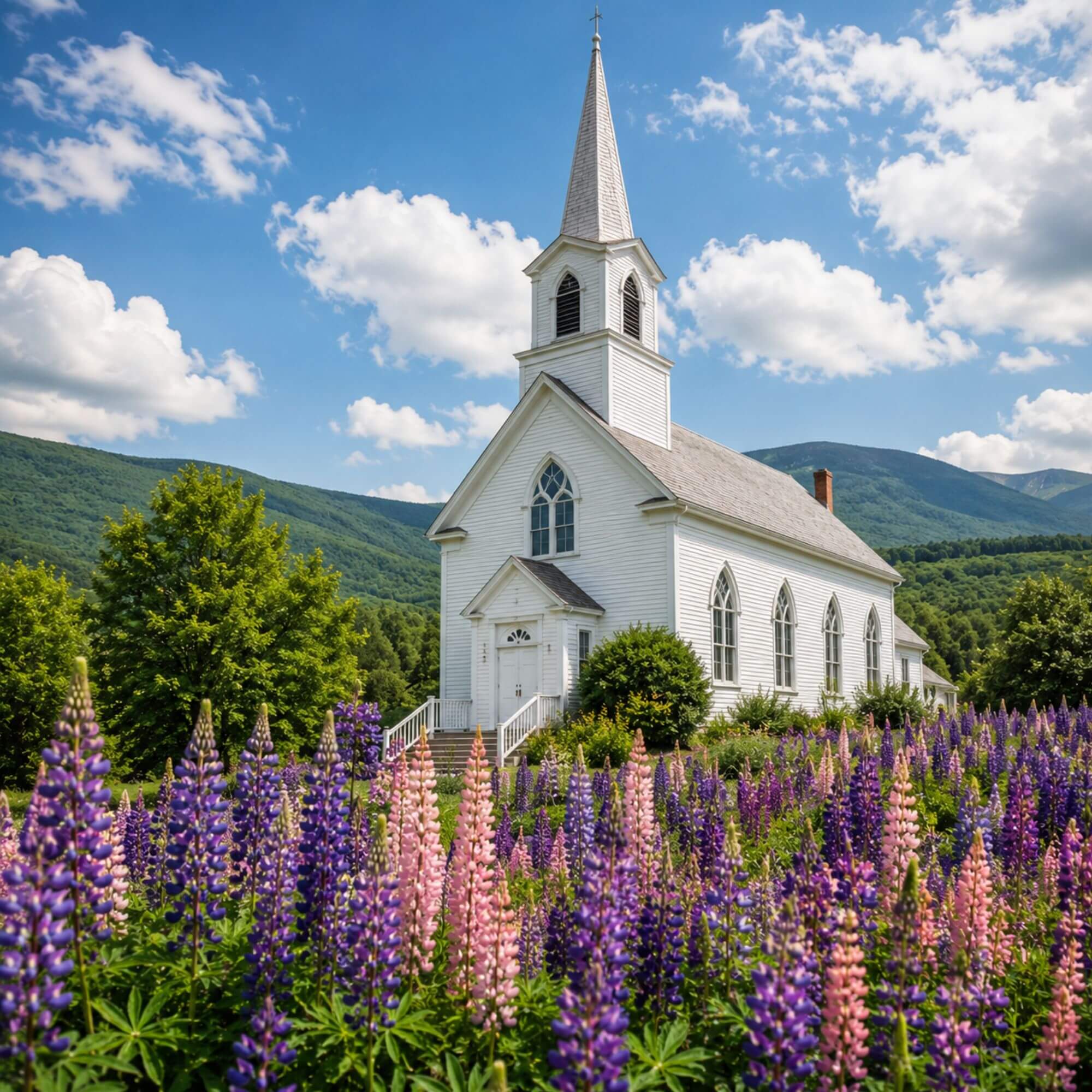 White steeple of St. Matthew's Chapel surrounded by purple lupine wildflowers in Sugar Hill New Hampshire