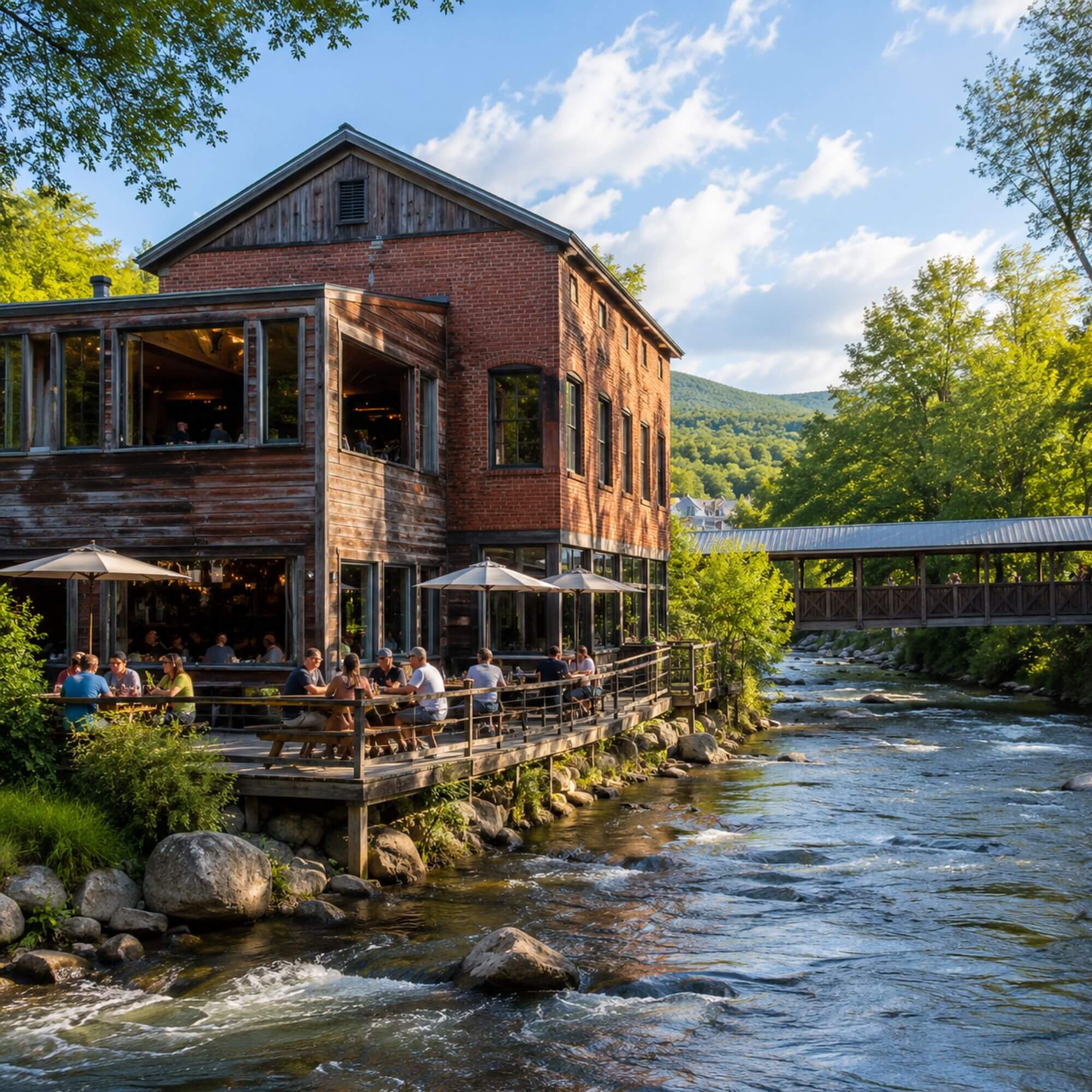 Historic red gristmill brewery on the Ammonoosuc River in Littleton New Hampshire on a sunny summer afternoon
