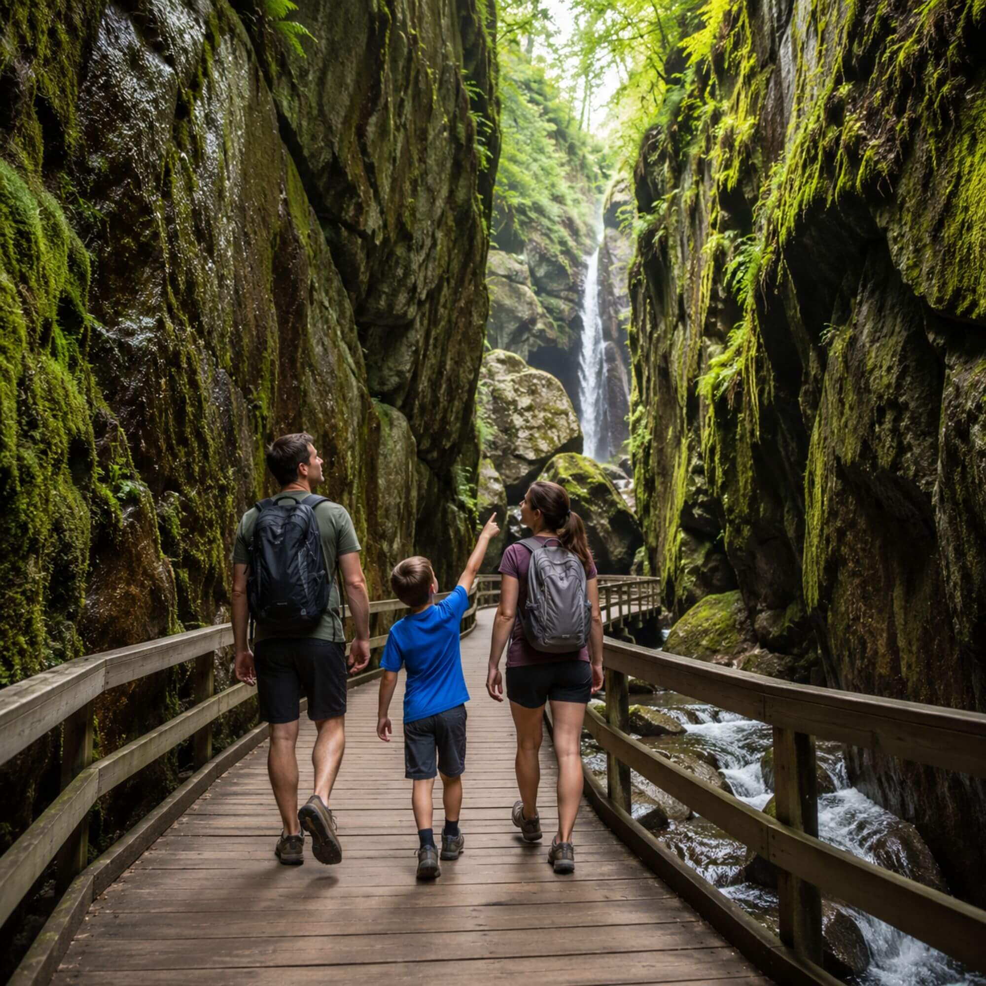 Family walking the Flume Gorge boardwalk in Franconia Notch, New Hampshire, with granite walls rising overhead