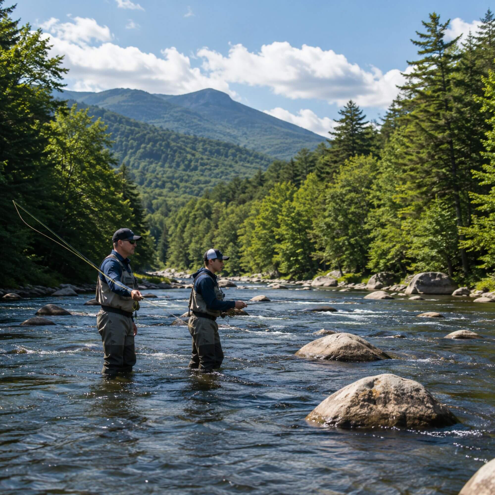 Father and son fly-fishing on a clear mountain river in the White Mountains of New Hampshire in summer