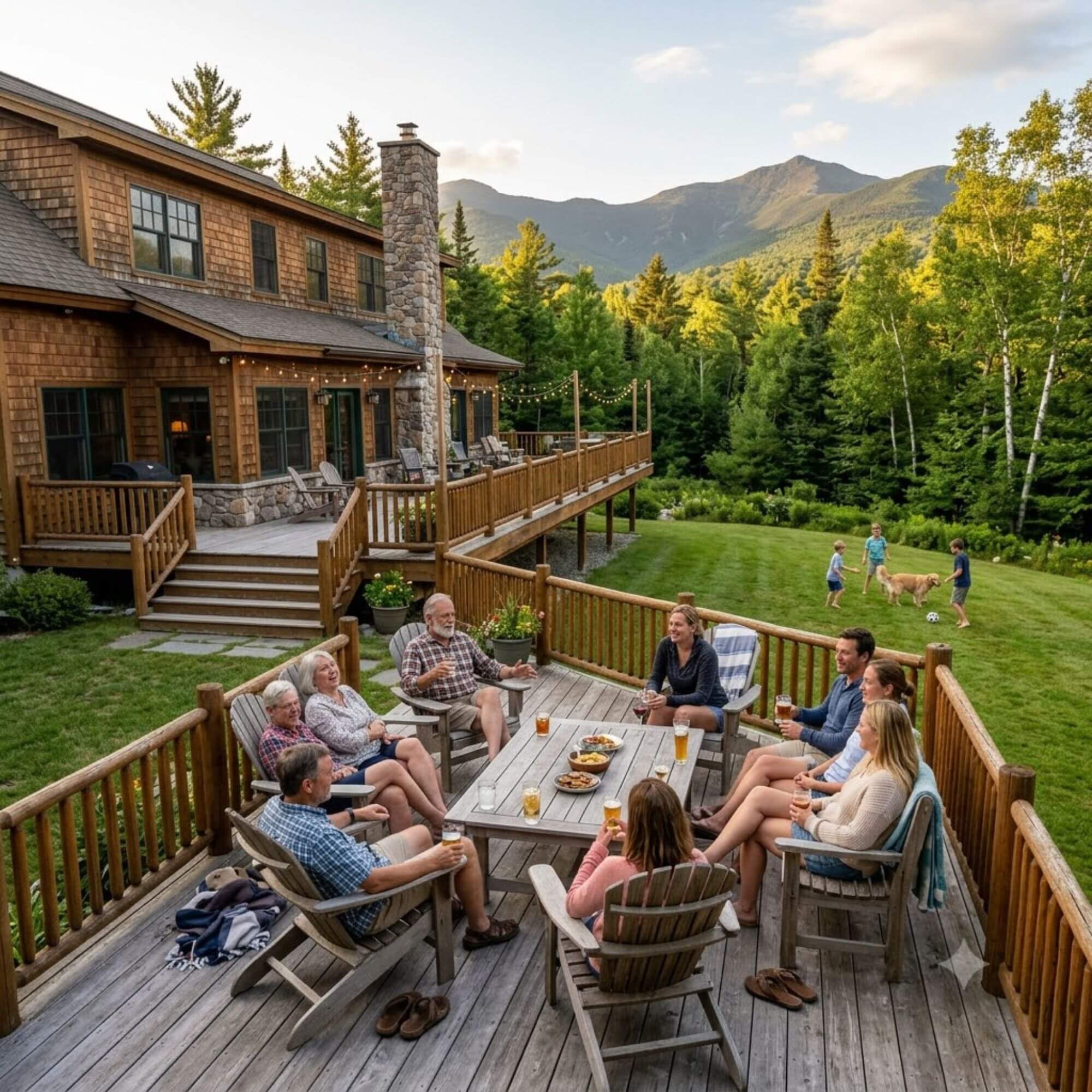 A family relaxing on the deck of a White Mountains vacation rental with mountain views at sunset