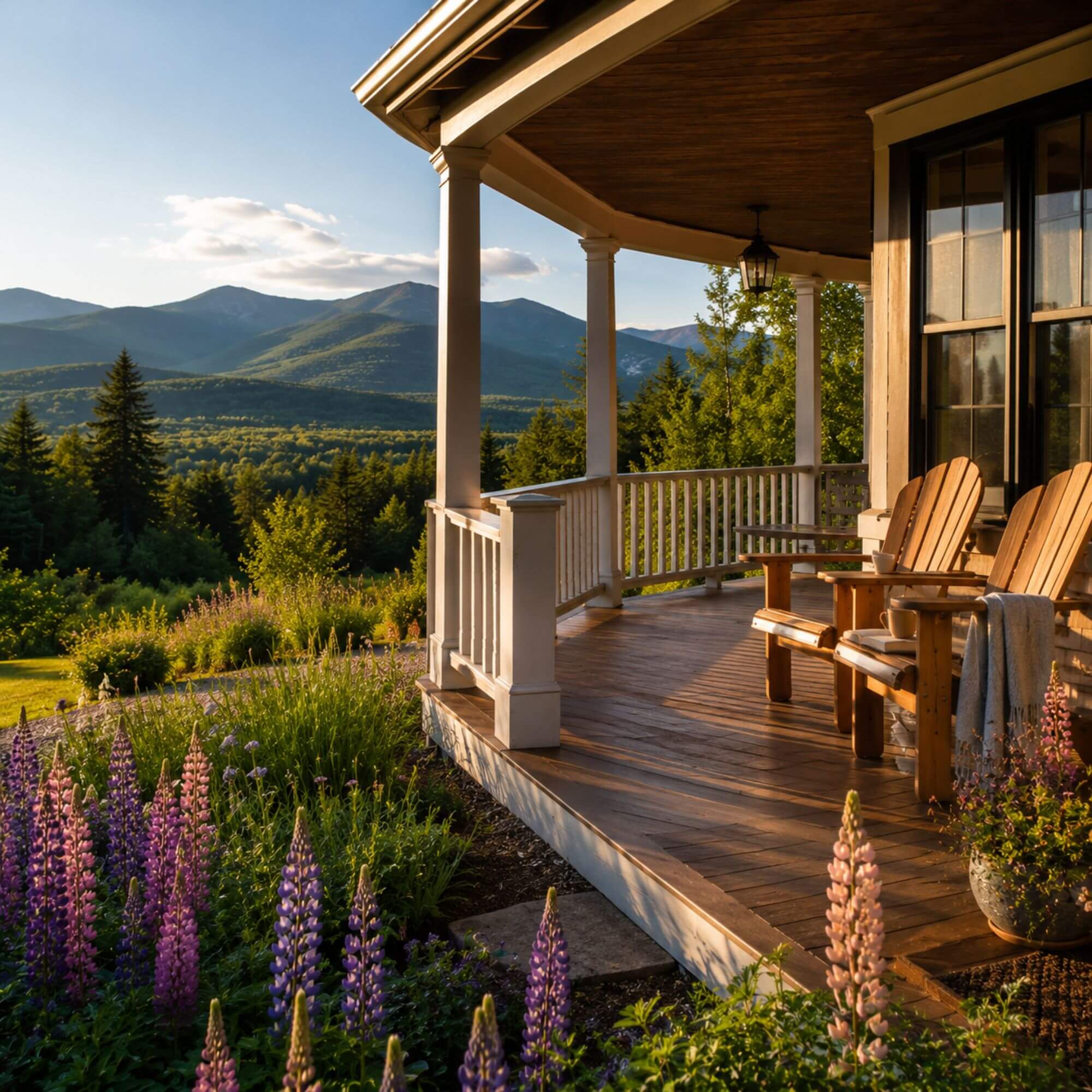 Cozy White Mountains vacation rental porch with mountain views and lupines in the foreground in early June New Hampshire